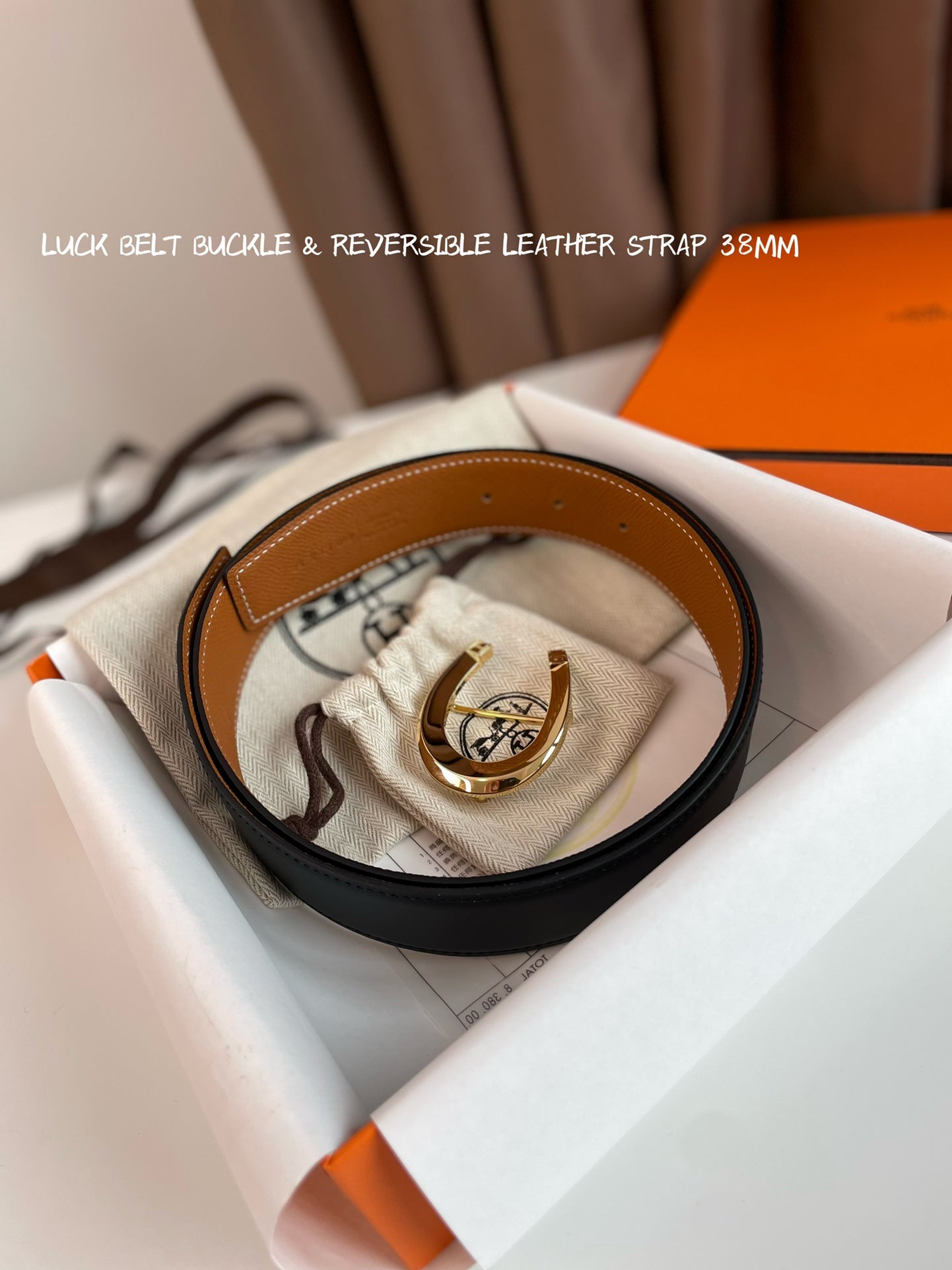 HERMES LUCK BELT BUCKLE & REVERSIBLE GINGER ORANGE LEATHER STRAP 38MM GOLDEN HARDWARE