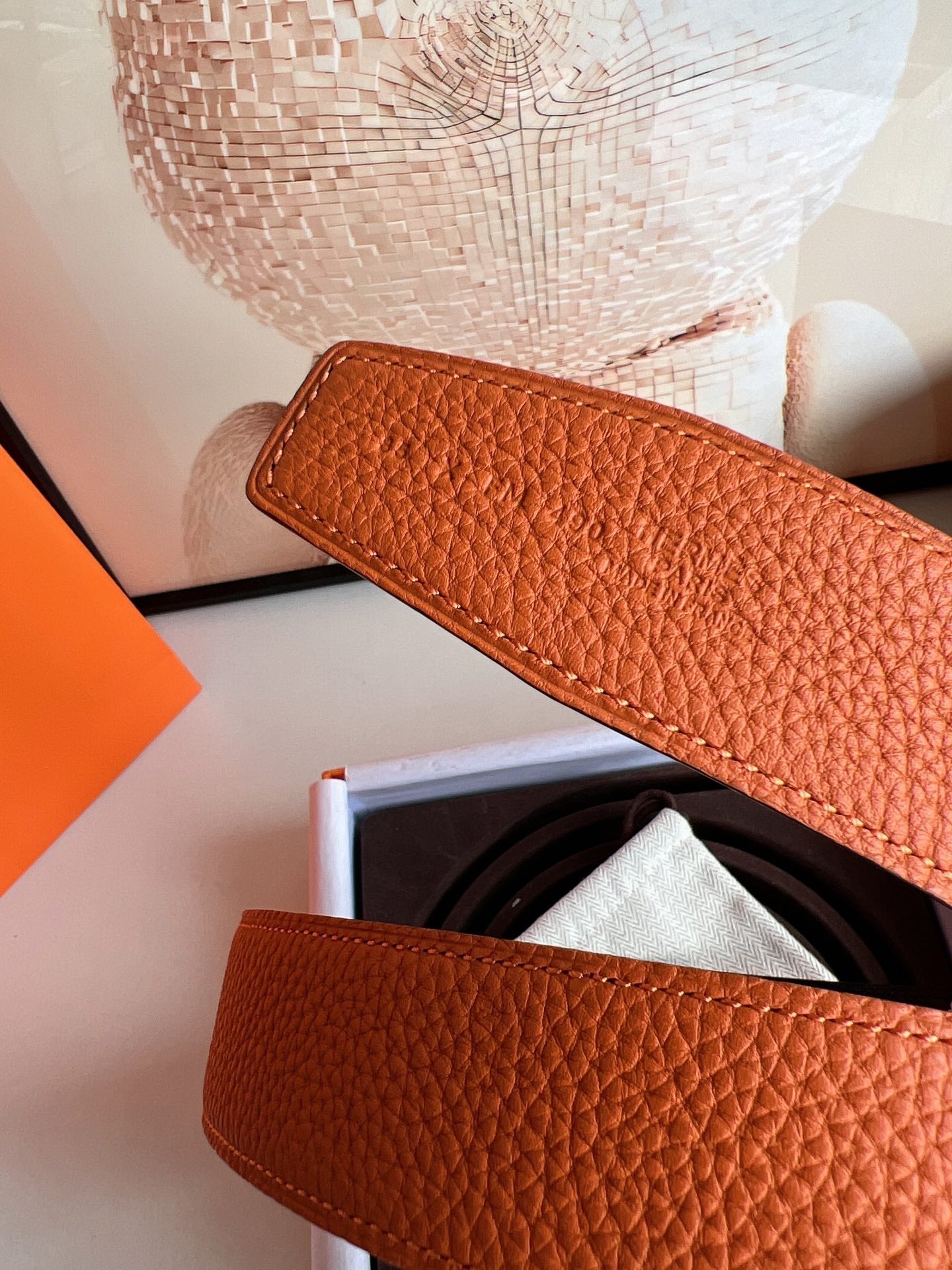 HERMES ROYAL BELT BUCKLE & REVERSIBLE NOIR AND ORANGE LEATHER STRAP 32 MM GOLD HARDWARE