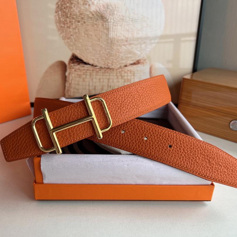 HERMES ROYAL BELT BUCKLE & REVERSIBLE NOIR AND ORANGE LEATHER STRAP 32 MM GOLD HARDWARE