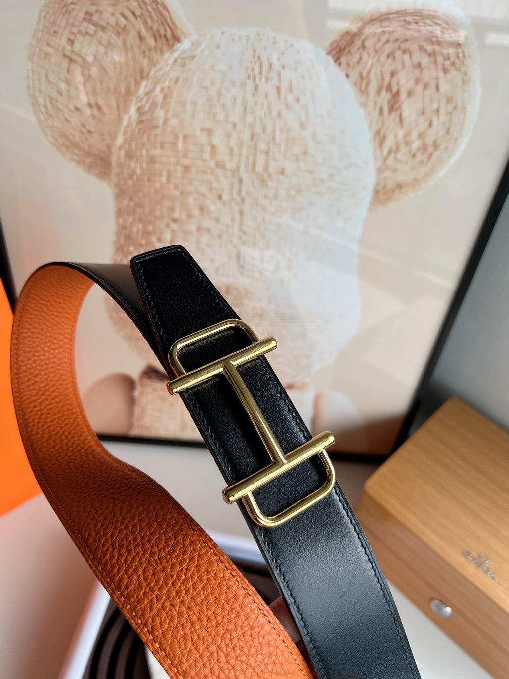 HERMES ROYAL BELT BUCKLE & REVERSIBLE NOIR AND ORANGE LEATHER STRAP 32 MM GOLD HARDWARE