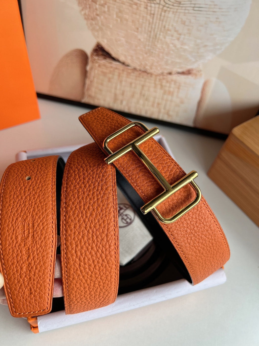 HERMES ROYAL BELT BUCKLE & REVERSIBLE NOIR AND ORANGE LEATHER STRAP 32 MM GOLD HARDWARE
