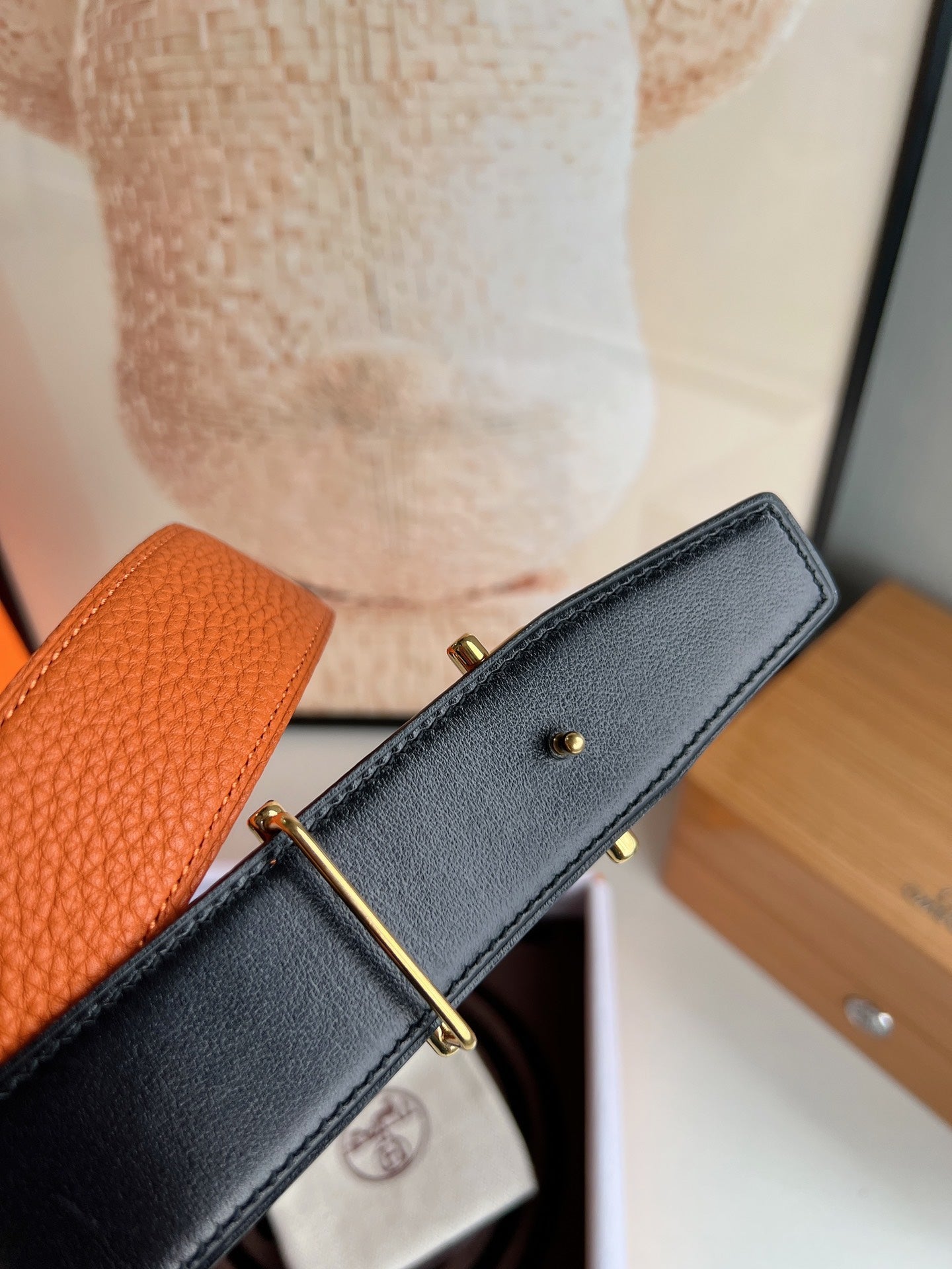 HERMES ROYAL BELT BUCKLE & REVERSIBLE NOIR AND ORANGE LEATHER STRAP 32 MM GOLD HARDWARE