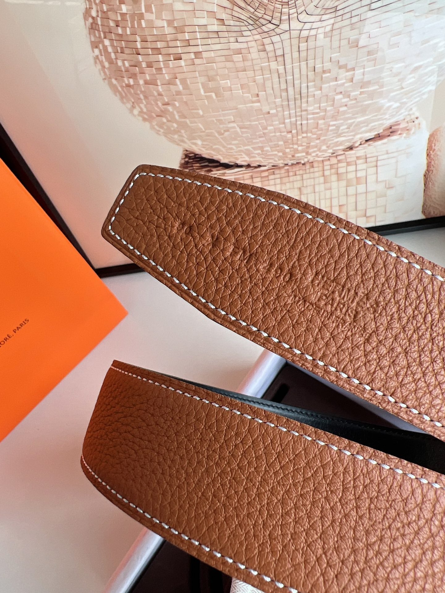 HERMES ROYAL BELT BUCKLE & REVERSIBLE NOIR AND CIDER ORANGE LEATHER STRAP 32 MM SILVER HARDWARE