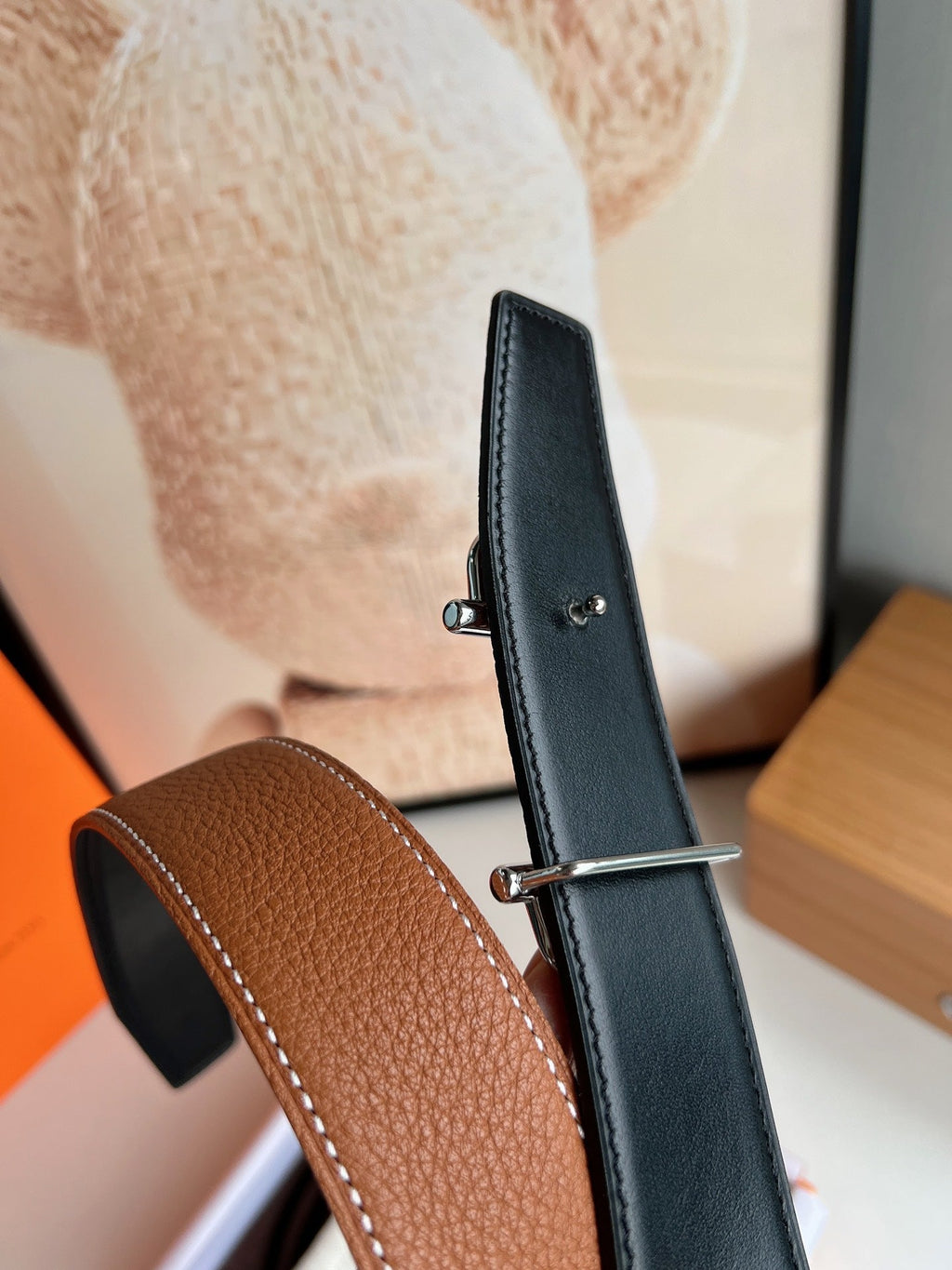 HERMES ROYAL BELT BUCKLE & REVERSIBLE NOIR AND CIDER ORANGE LEATHER STRAP 32 MM SILVER HARDWARE