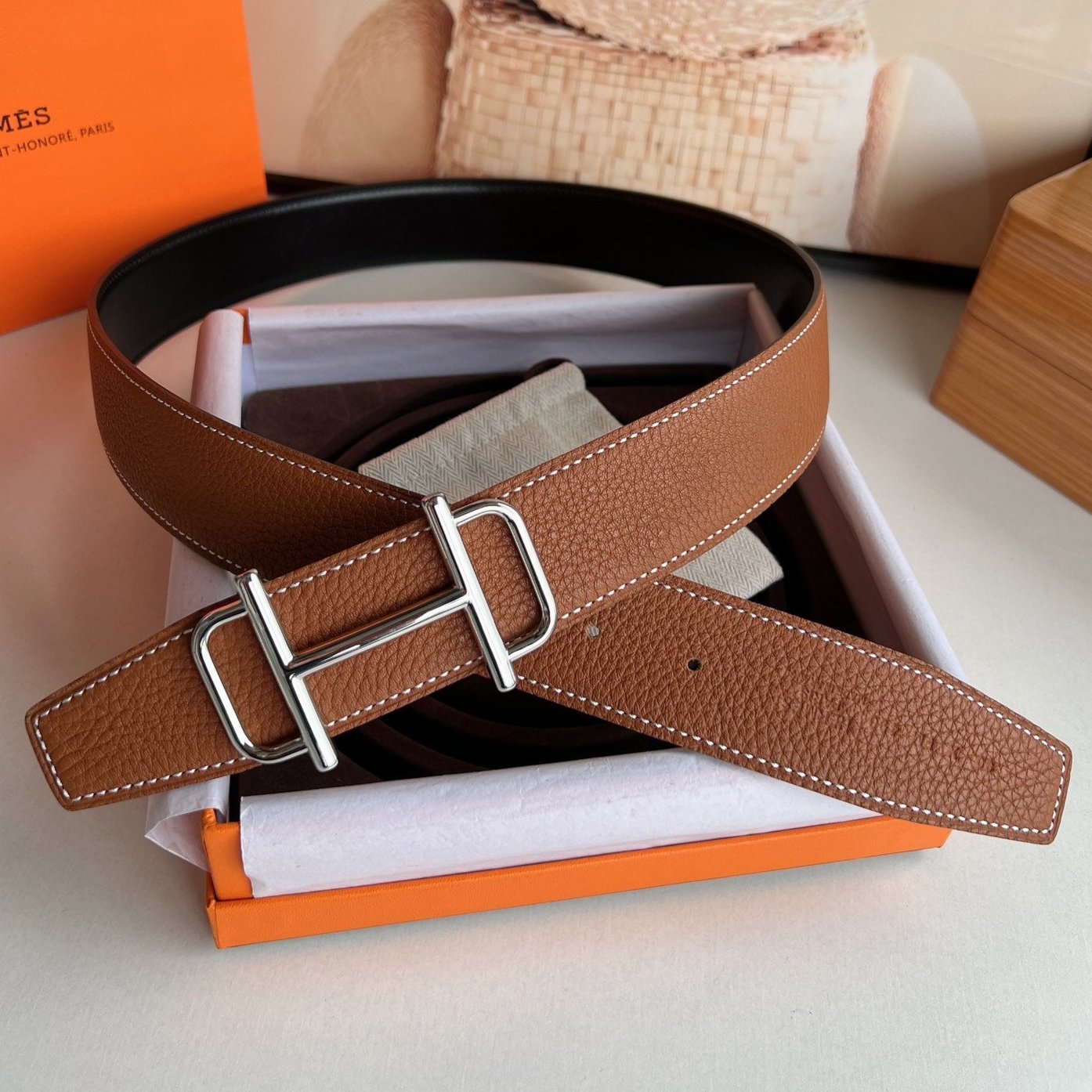 HERMES ROYAL BELT BUCKLE & REVERSIBLE NOIR AND CIDER ORANGE LEATHER STRAP 32 MM SILVER HARDWARE