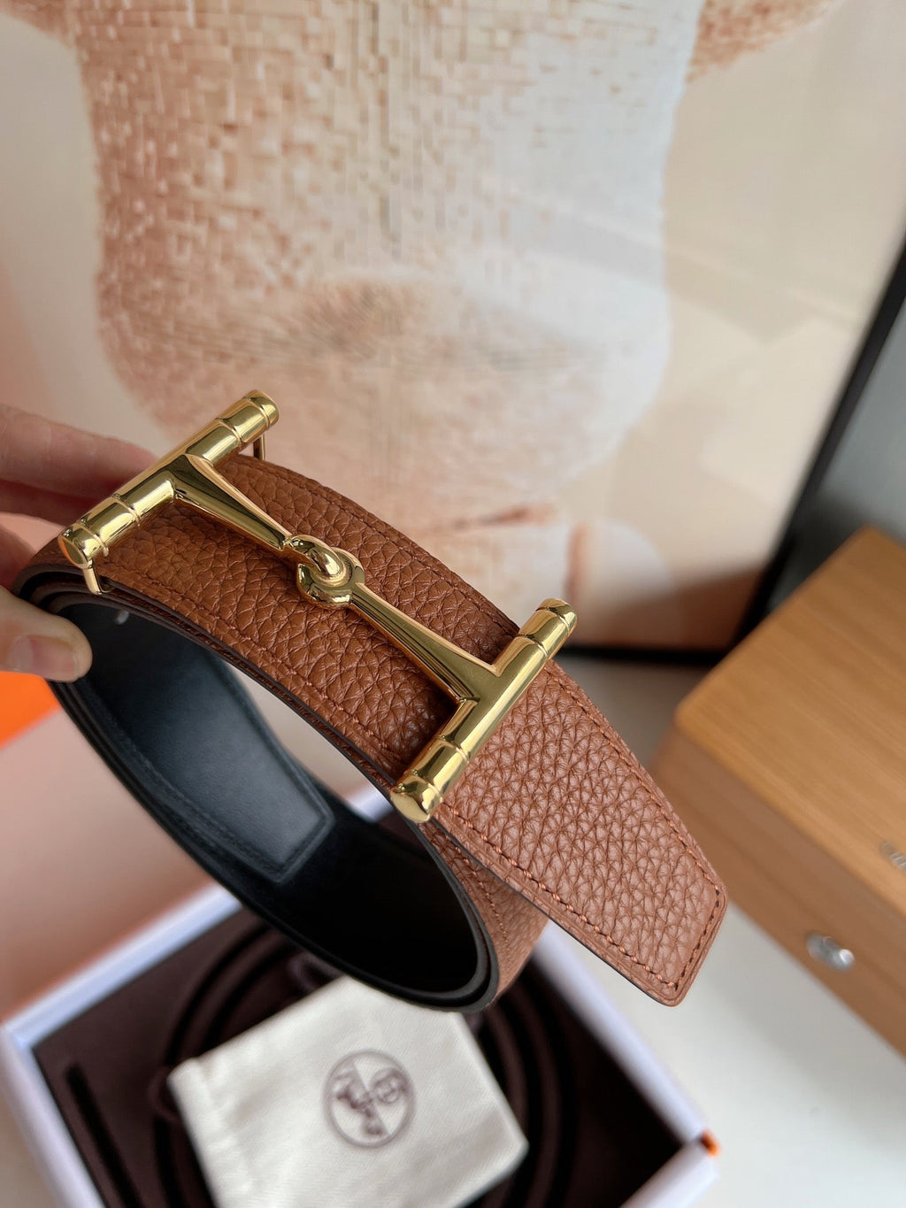 HERMES JUMBO BELT BUCKLE & REVERSIBLE CIDER ORANGE AND BLACK LEATHER STRAP 38 MM GOLD HARDWARE