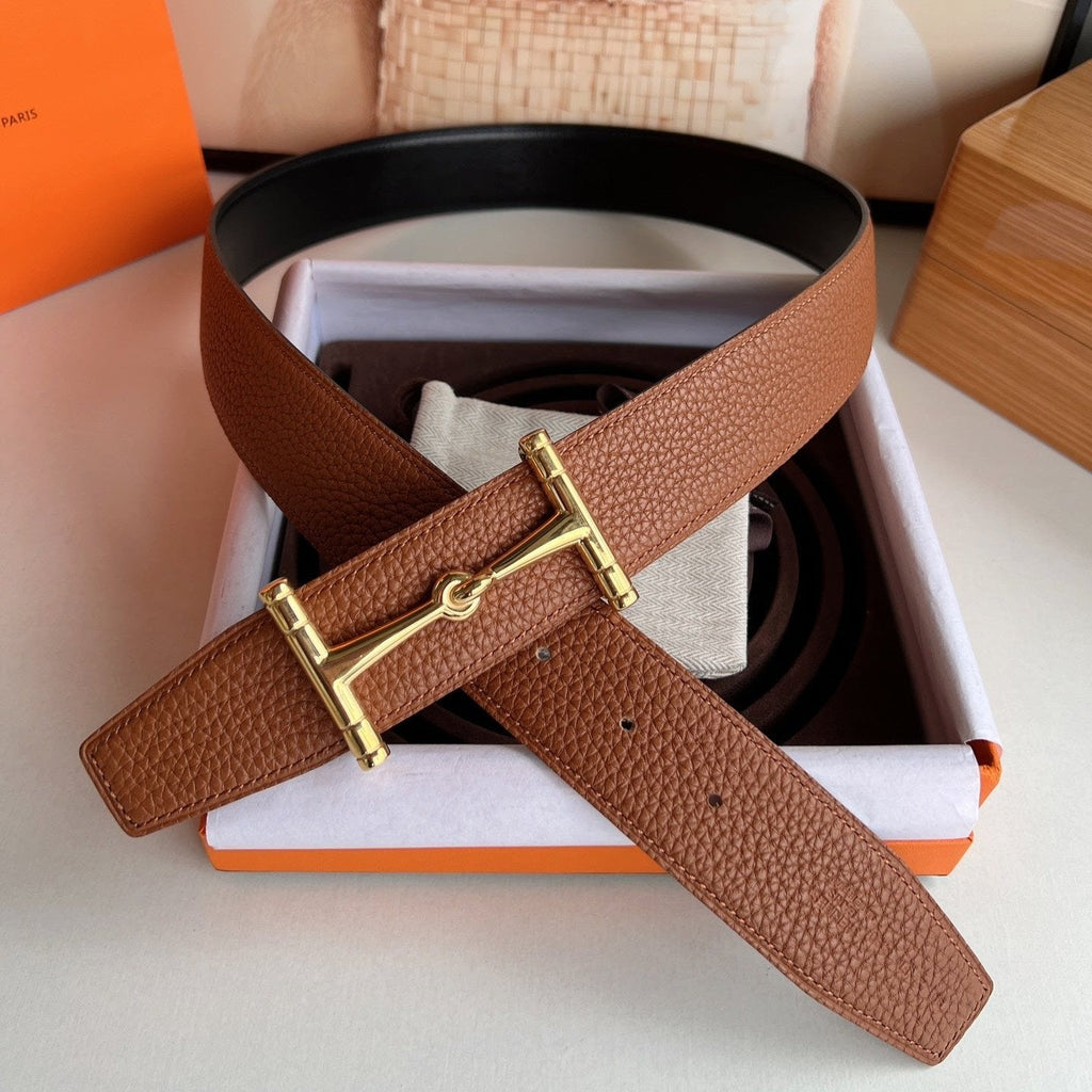 HERMES JUMBO BELT BUCKLE & REVERSIBLE CIDER ORANGE AND BLACK LEATHER STRAP 38 MM GOLD HARDWARE
