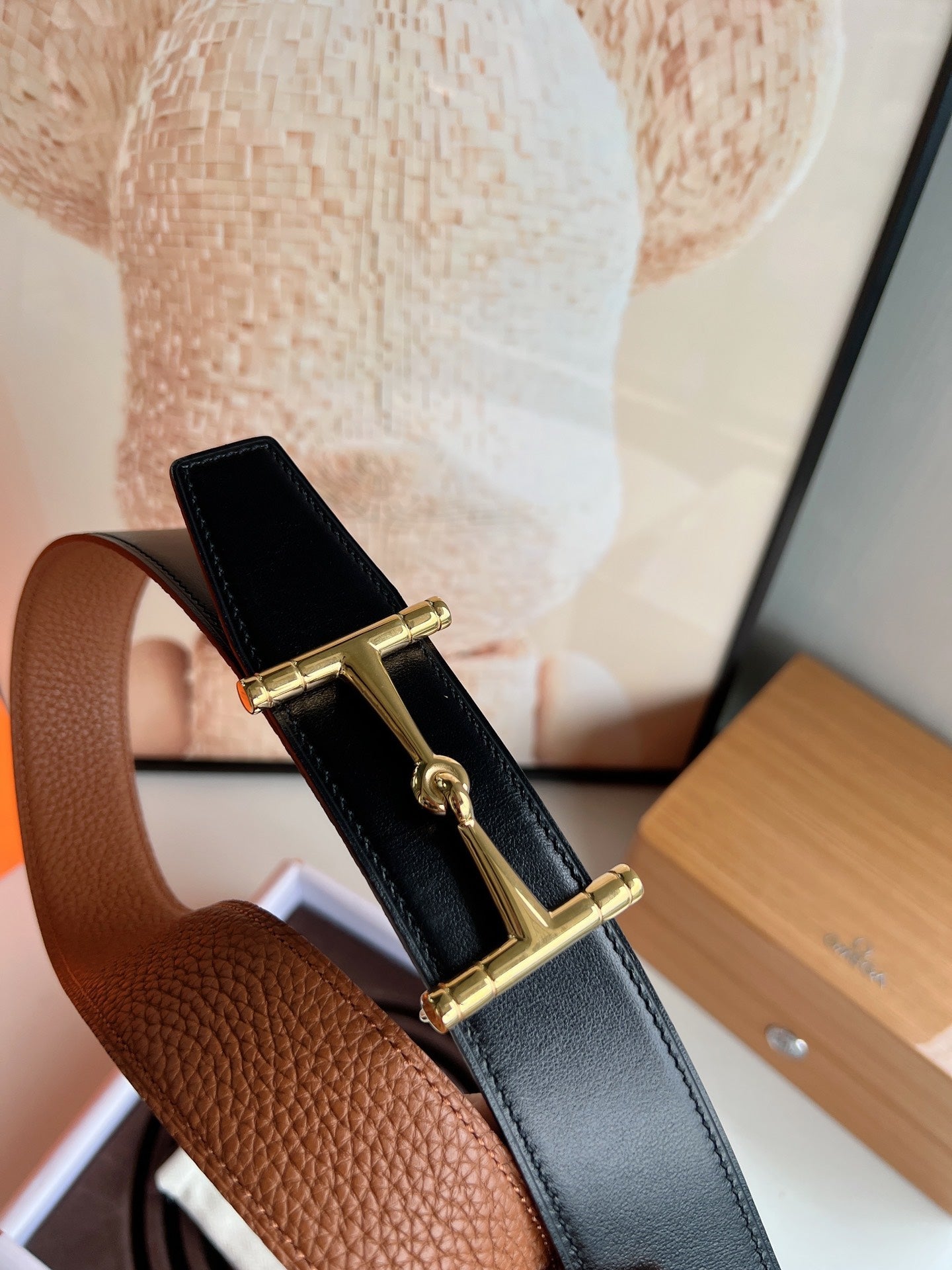 HERMES JUMBO BELT BUCKLE & REVERSIBLE CIDER ORANGE AND BLACK LEATHER STRAP 38 MM GOLD HARDWARE