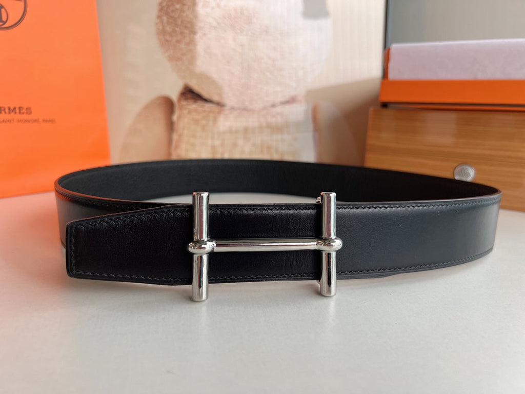 HERMES H D'ANCRE BELT BUCKLE & REVERSIBLE BLACK LEATHER STRAP 38 MM SILVER HARDWARE