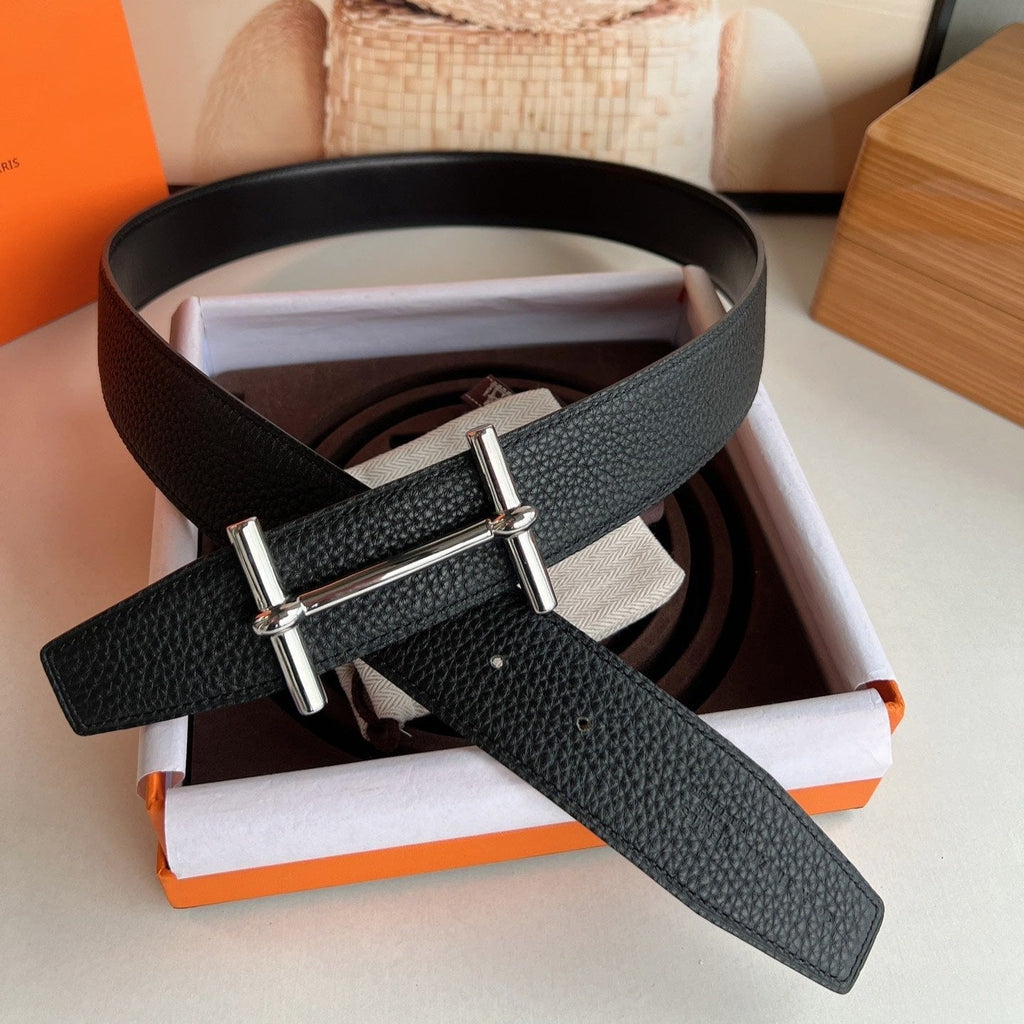 HERMES H D'ANCRE BELT BUCKLE & REVERSIBLE BLACK LEATHER STRAP 38 MM SILVER HARDWARE