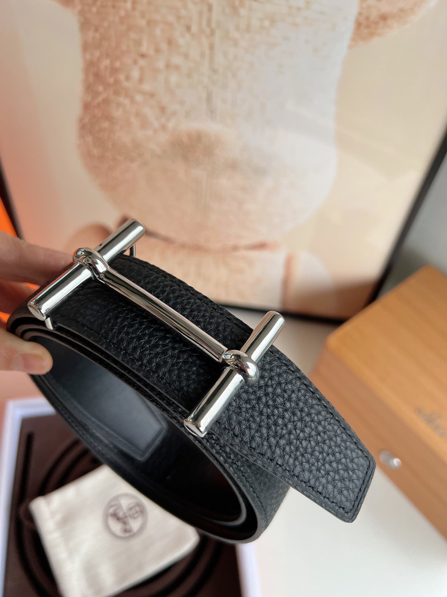 HERMES H D'ANCRE BELT BUCKLE & REVERSIBLE BLACK LEATHER STRAP 38 MM SILVER HARDWARE
