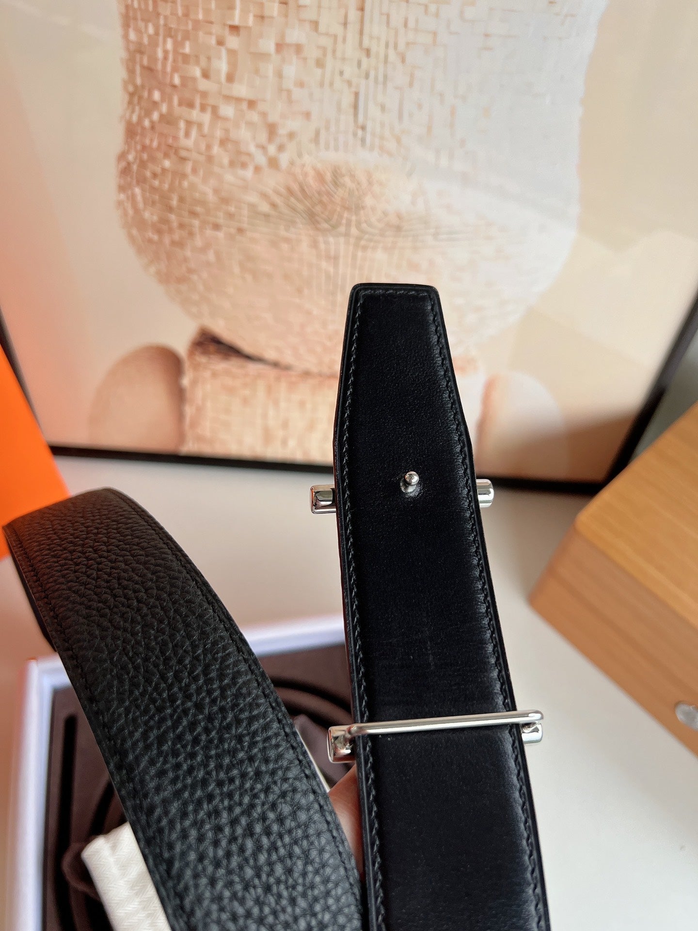 HERMES H D'ANCRE BELT BUCKLE & REVERSIBLE BLACK LEATHER STRAP 38 MM SILVER HARDWARE