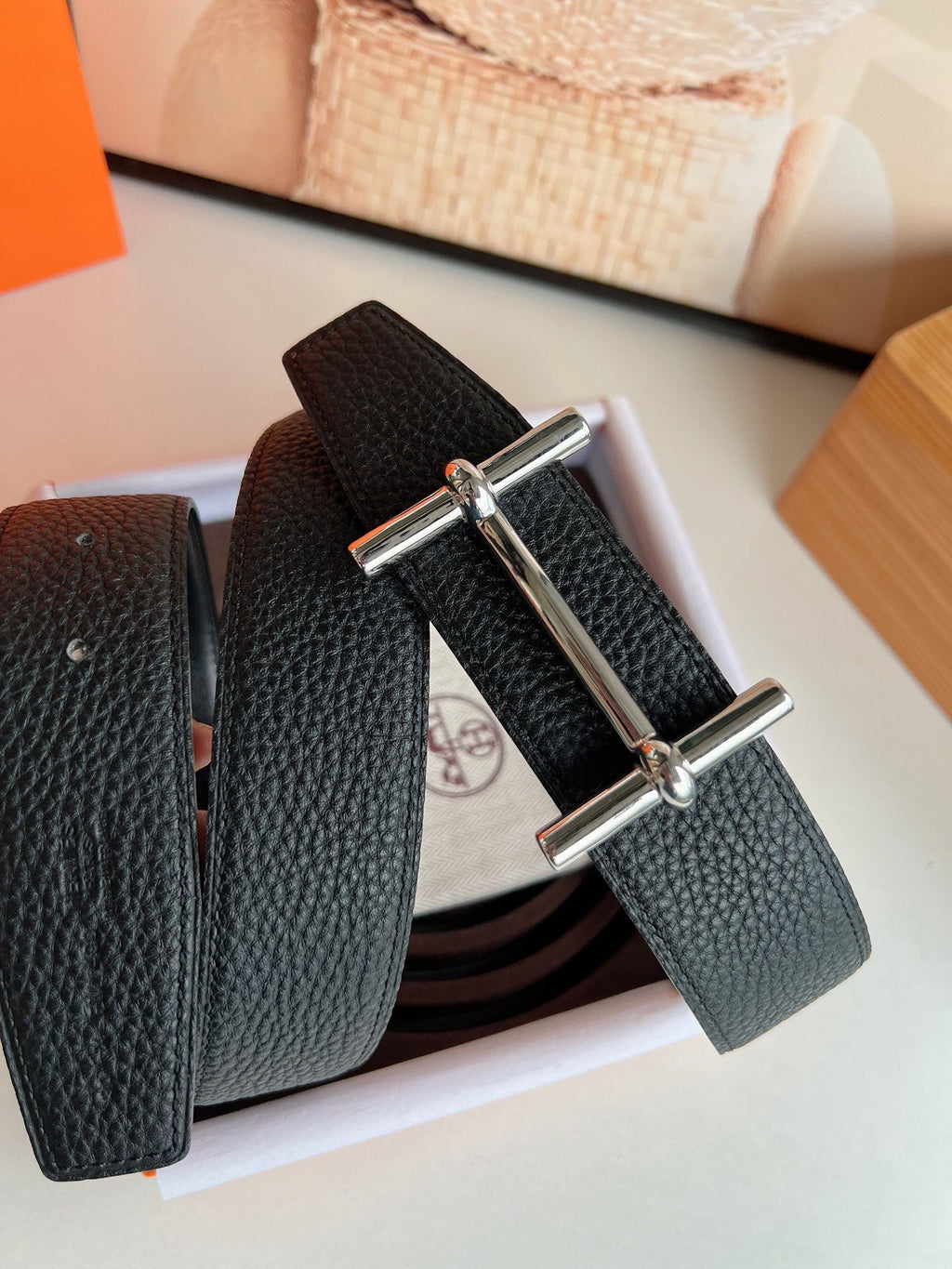 HERMES H D'ANCRE BELT BUCKLE & REVERSIBLE BLACK LEATHER STRAP 38 MM SILVER HARDWARE