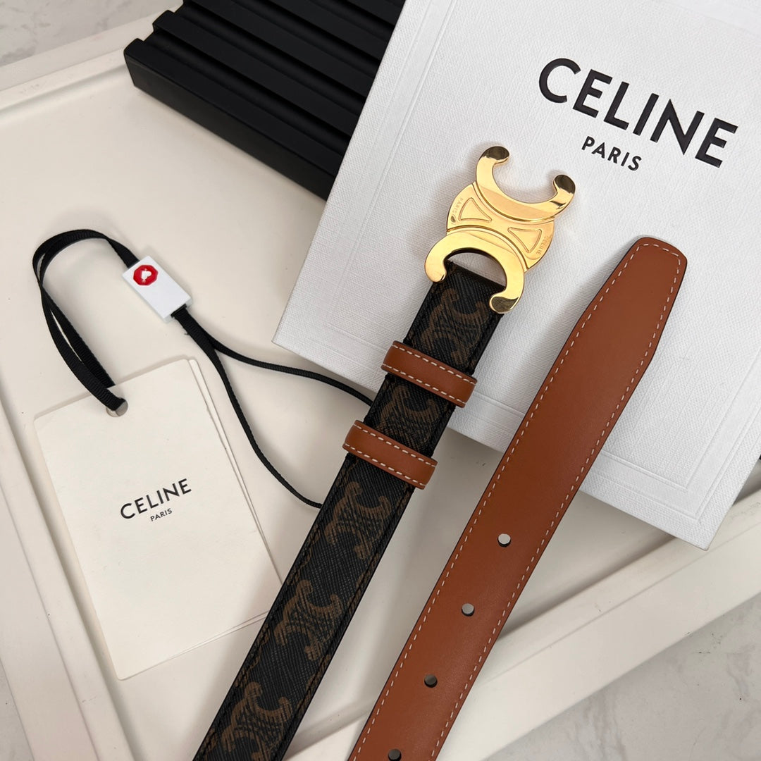 CELINE CL TRIOMPHE 25 MM BELT IN MONOGRAM BROWN CALFSKIN GOLD HARDWARE