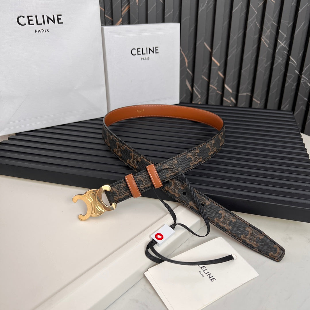 CELINE CL TRIOMPHE 25 MM BELT IN MONOGRAM BROWN CALFSKIN GOLD HARDWARE
