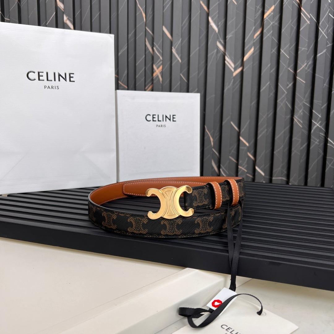 CELINE CL TRIOMPHE 25 MM BELT IN MONOGRAM BROWN CALFSKIN GOLD HARDWARE