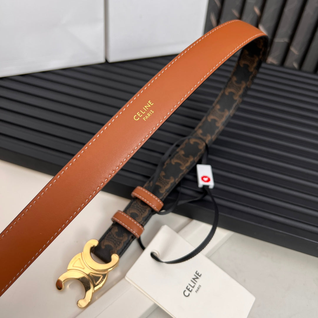 CELINE CL TRIOMPHE 25 MM BELT IN MONOGRAM BROWN CALFSKIN GOLD HARDWARE