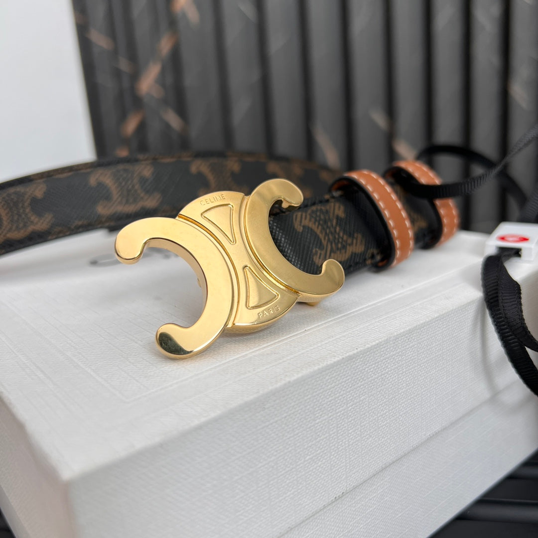 CELINE CL TRIOMPHE 25 MM BELT IN MONOGRAM BROWN CALFSKIN GOLD HARDWARE