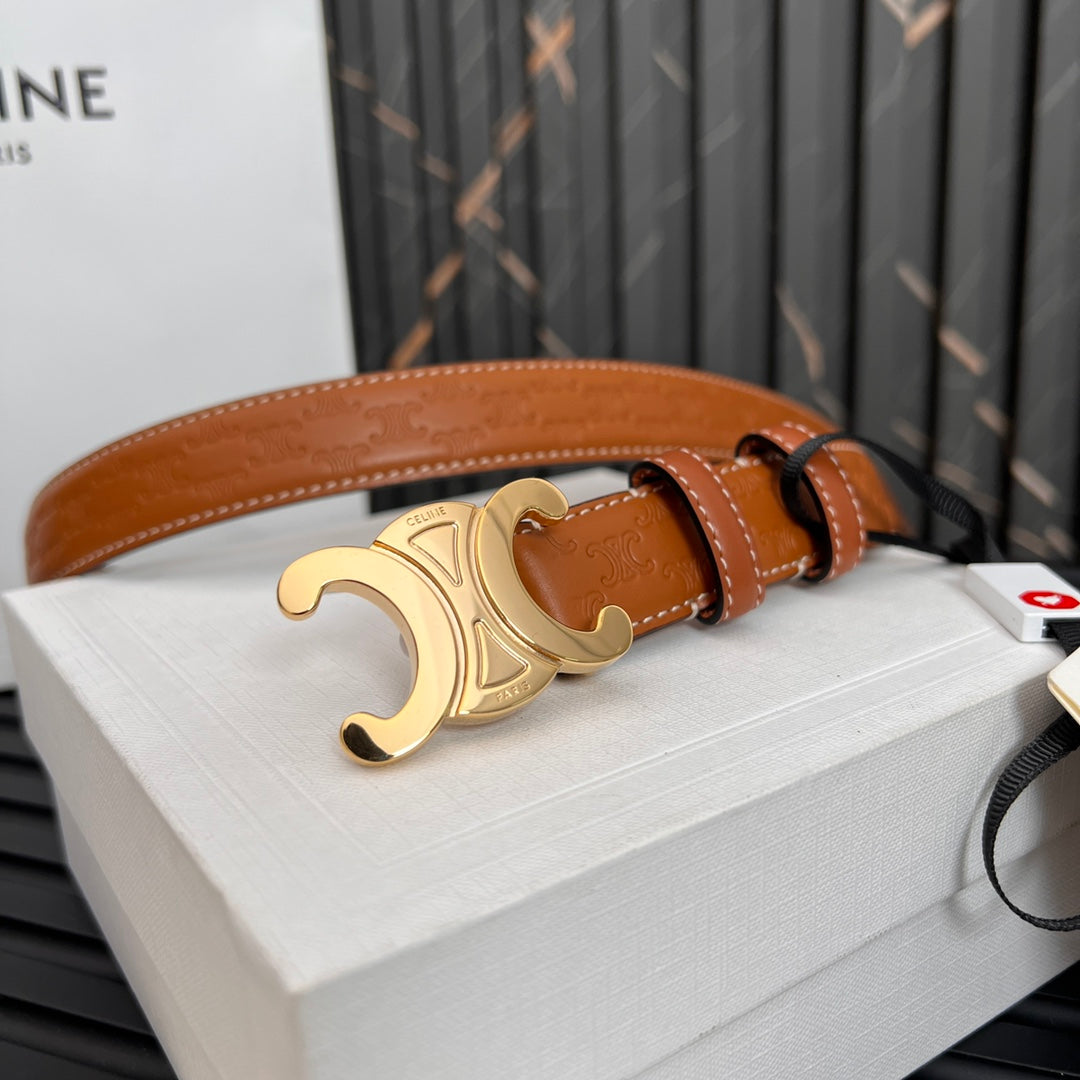CELINE CL TRIOMPHE 25 MM BELT IN ORANGE CALFSKIN GOLD HARDWARE