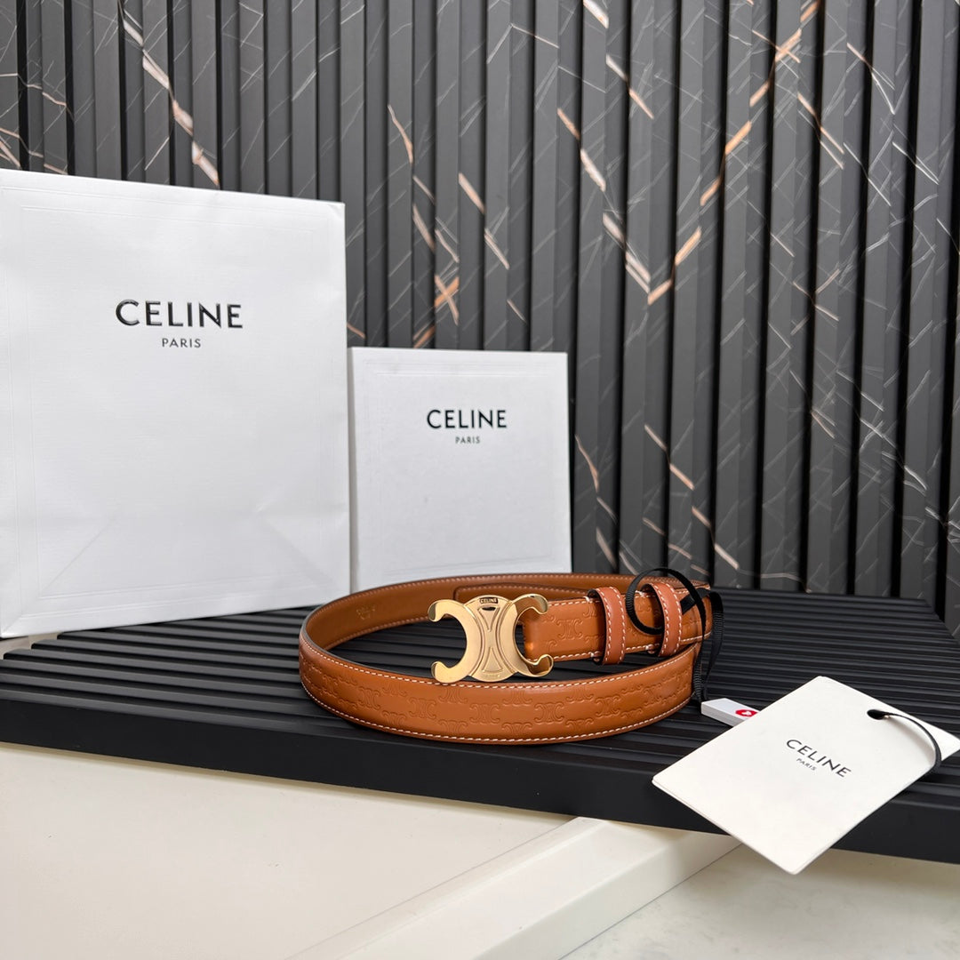 CELINE CL TRIOMPHE 25 MM BELT IN ORANGE CALFSKIN GOLD HARDWARE