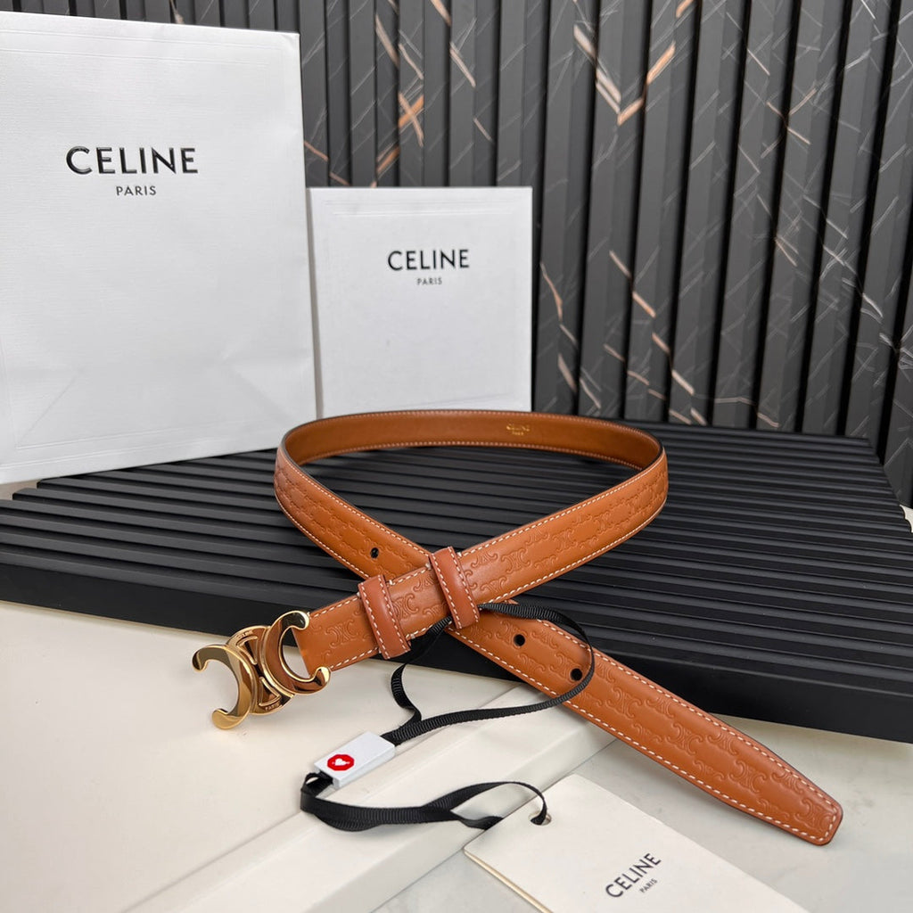 CELINE CL TRIOMPHE 25 MM BELT IN ORANGE CALFSKIN GOLD HARDWARE