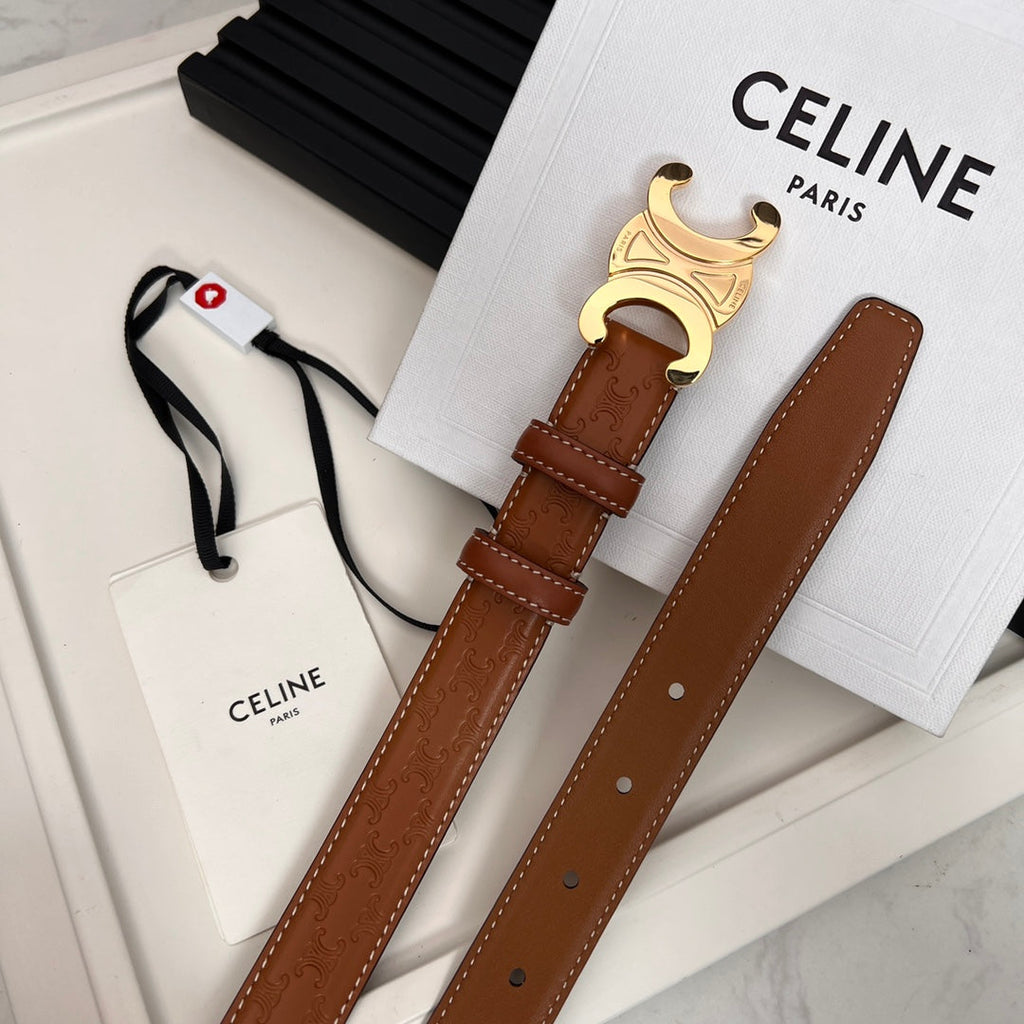 CELINE CL TRIOMPHE 25 MM BELT IN ORANGE CALFSKIN GOLD HARDWARE