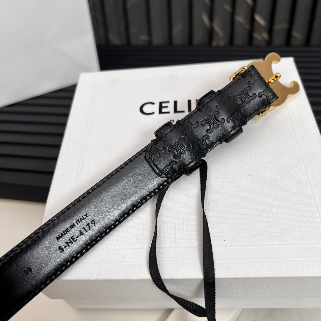 CELINE CL TRIOMPHE 25 MM BELT IN BLACK CALFSKIN GOLD HARDWARE