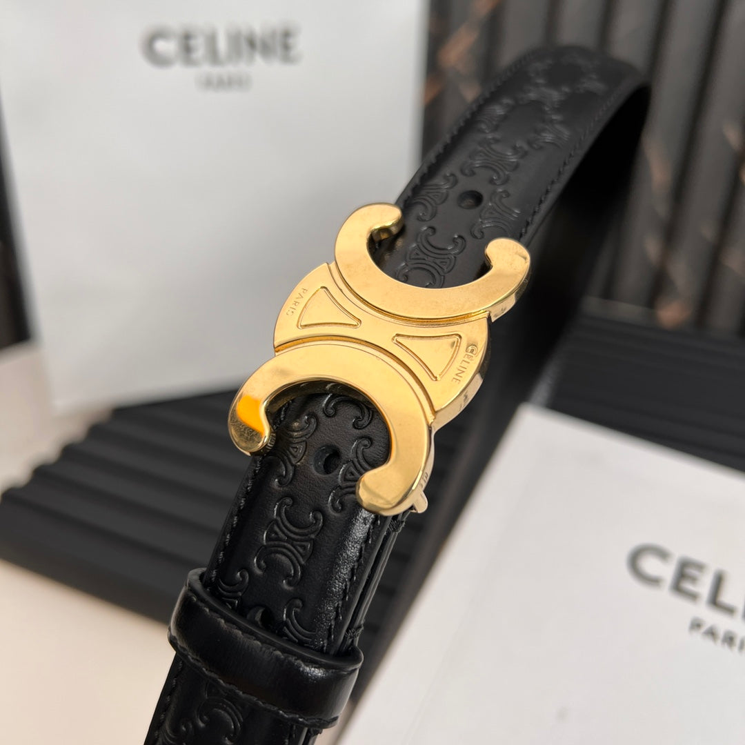 CELINE CL TRIOMPHE 25 MM BELT IN BLACK CALFSKIN GOLD HARDWARE