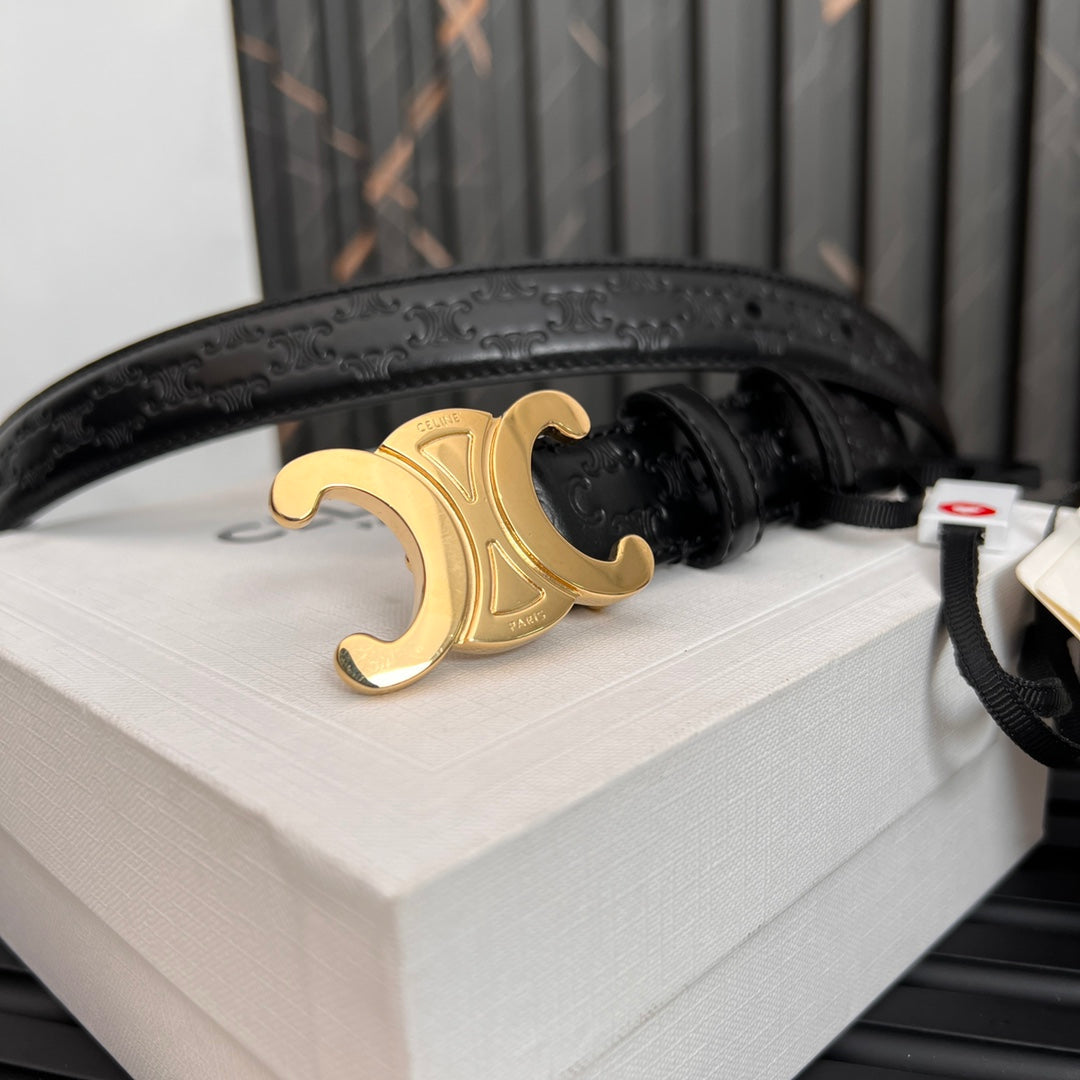 CELINE CL TRIOMPHE 25 MM BELT IN BLACK CALFSKIN GOLD HARDWARE