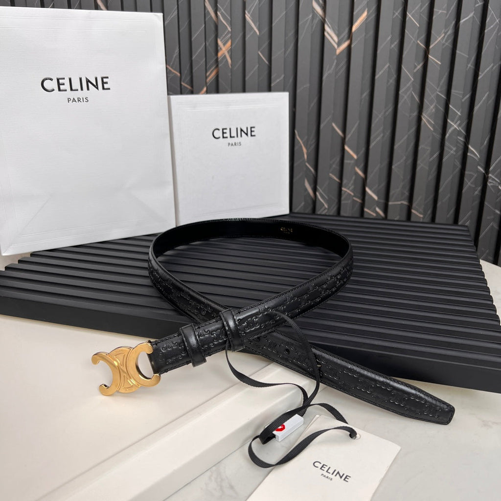CELINE CL TRIOMPHE 25 MM BELT IN BLACK CALFSKIN GOLD HARDWARE