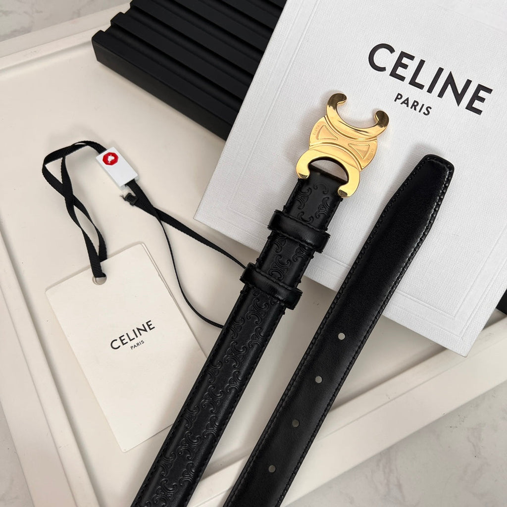 CELINE CL TRIOMPHE 25 MM BELT IN BLACK CALFSKIN GOLD HARDWARE