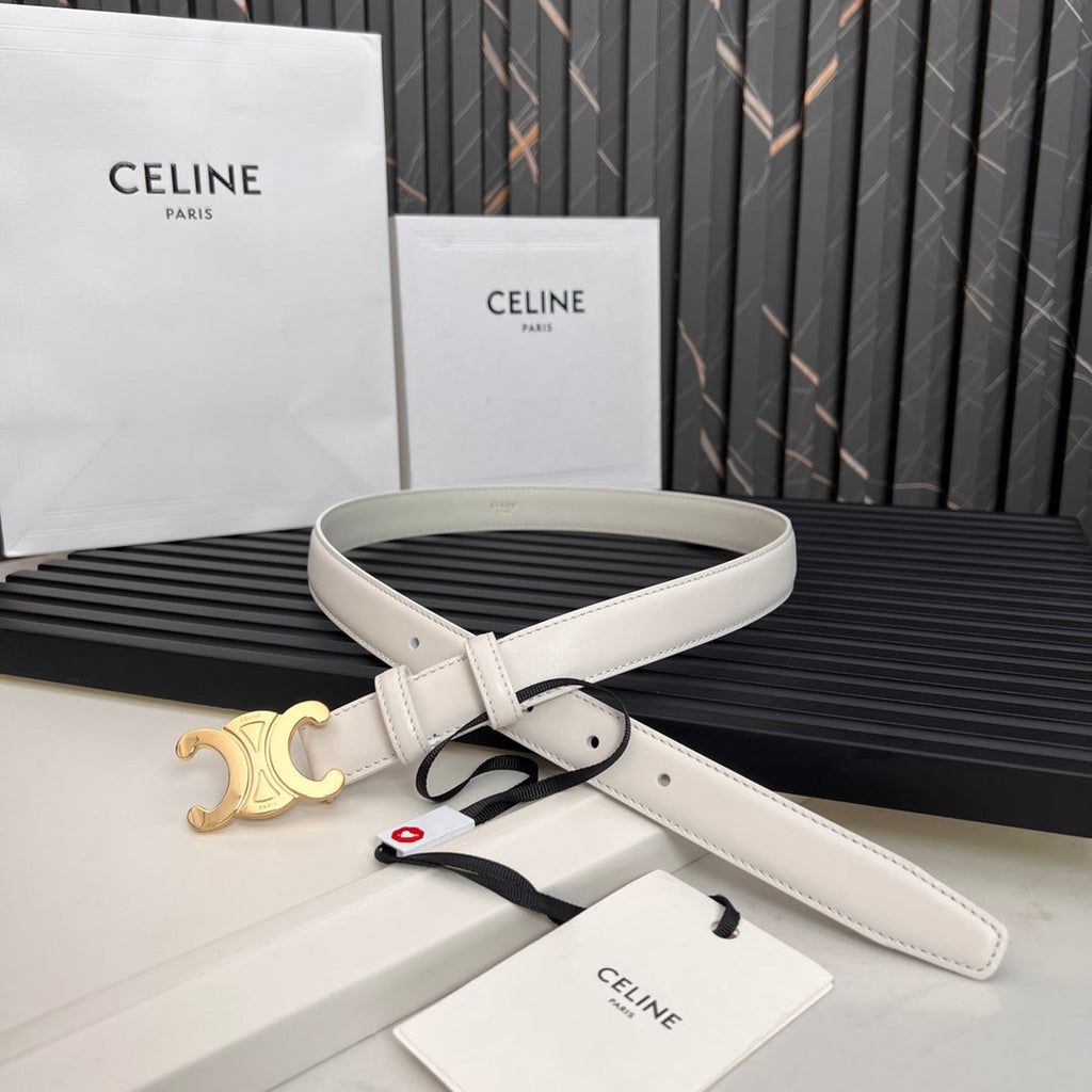 CELINE CL TRIOMPHE 25 MM BELT IN WHITE CALFSKIN GOLD HARDWARE