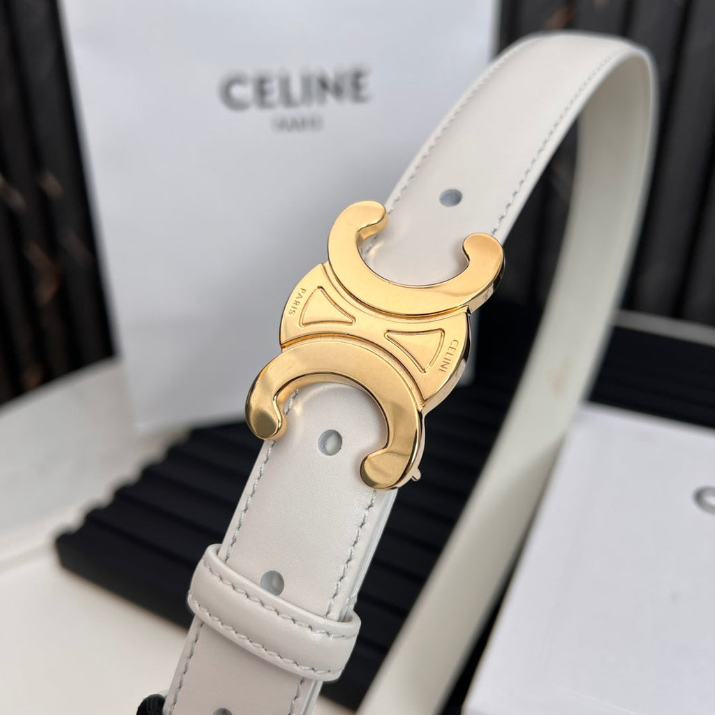 CELINE CL TRIOMPHE 25 MM BELT IN WHITE CALFSKIN GOLD HARDWARE