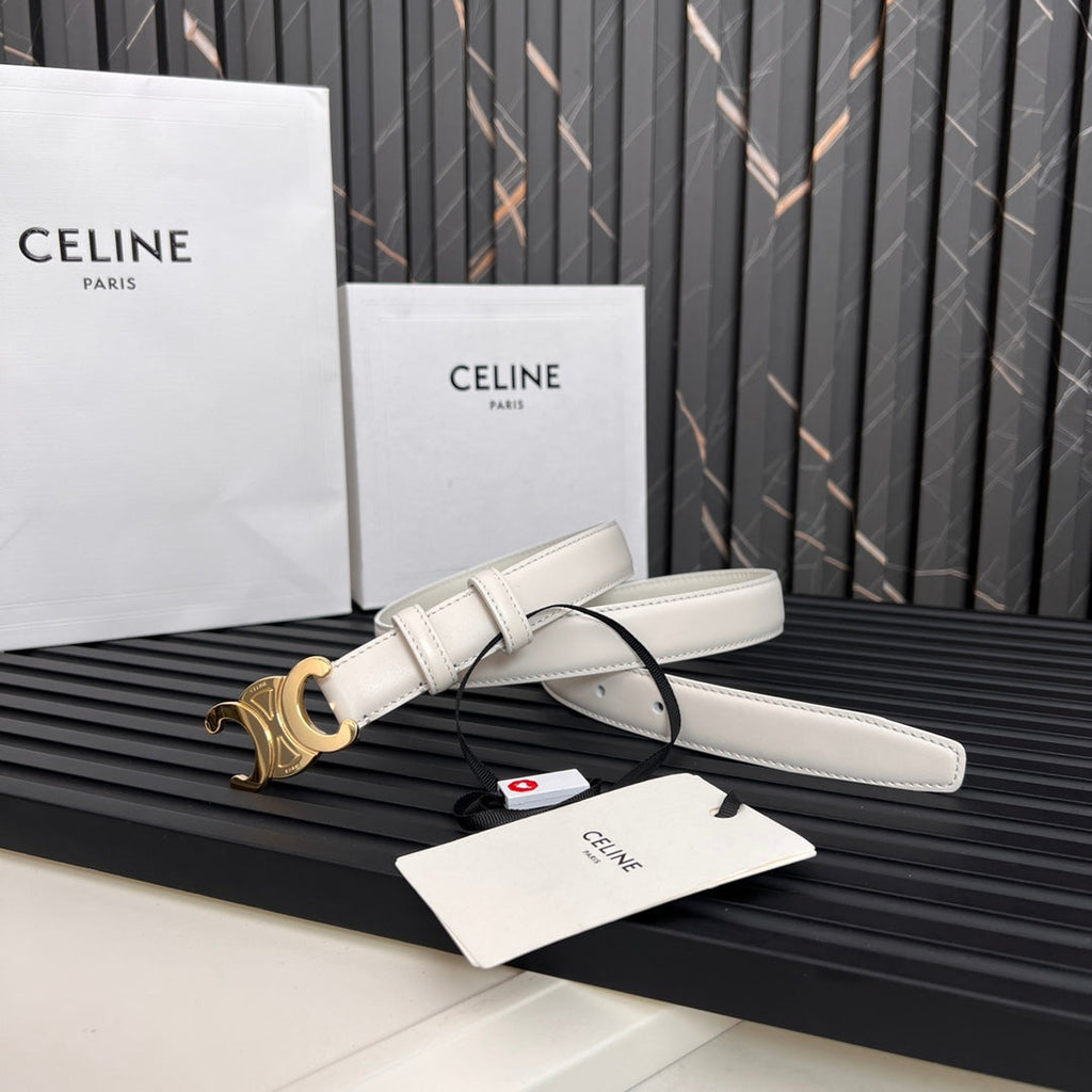 CELINE CL TRIOMPHE 25 MM BELT IN WHITE CALFSKIN GOLD HARDWARE