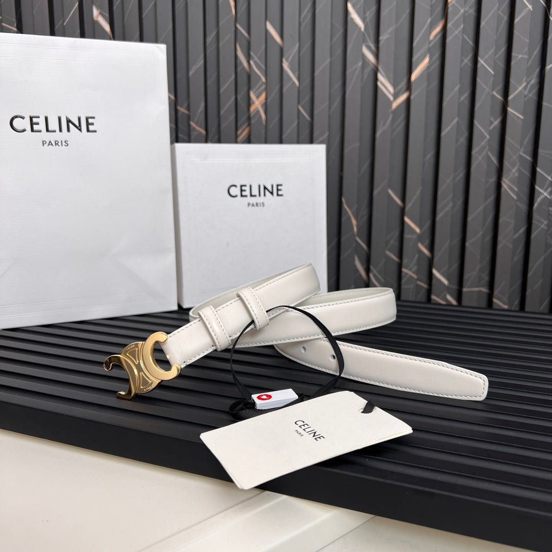 CELINE CL TRIOMPHE 25 MM BELT IN WHITE CALFSKIN GOLD HARDWARE