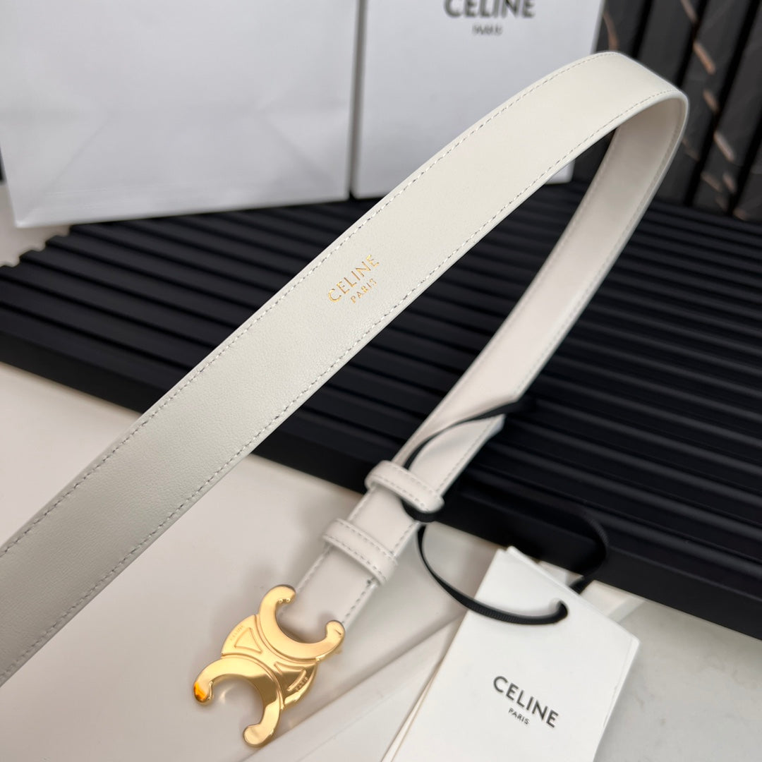 CELINE CL TRIOMPHE 25 MM BELT IN WHITE CALFSKIN GOLD HARDWARE