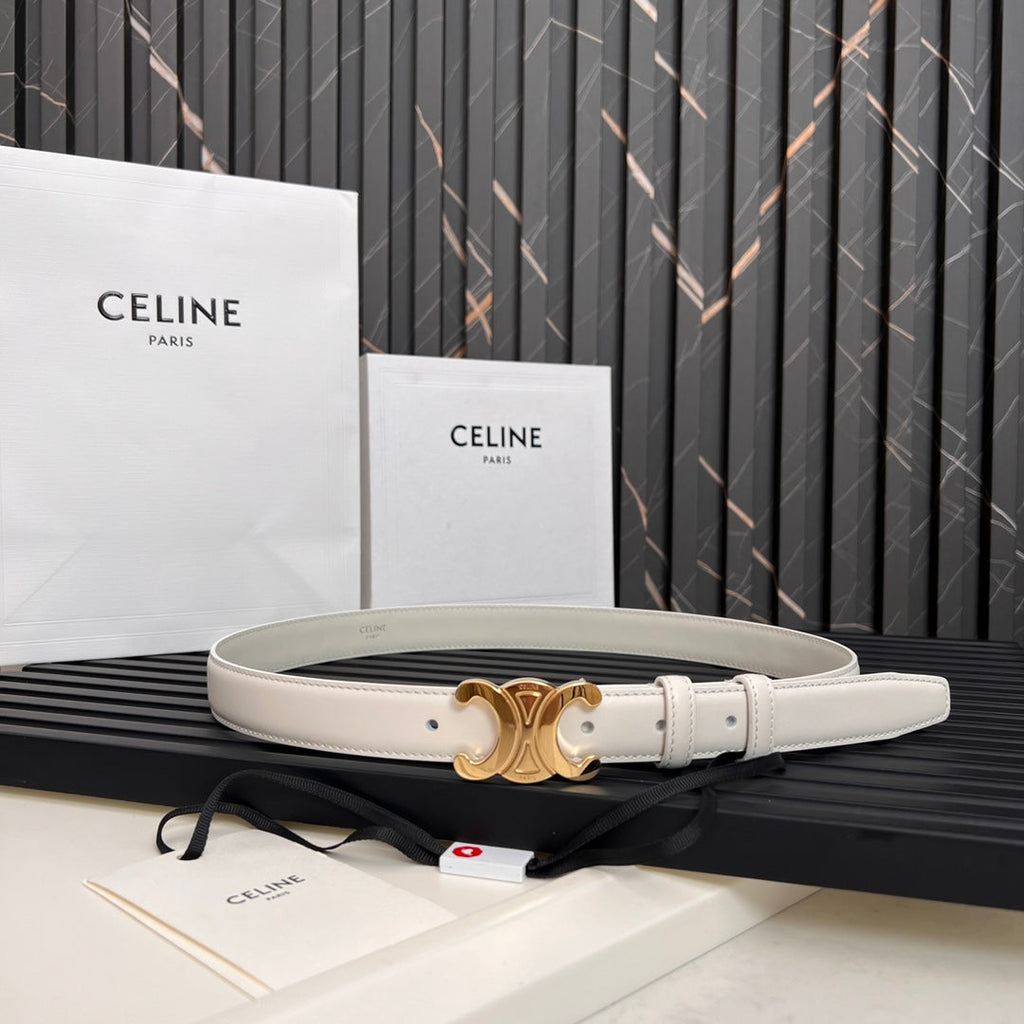 CELINE CL TRIOMPHE 25 MM BELT IN WHITE CALFSKIN GOLD HARDWARE