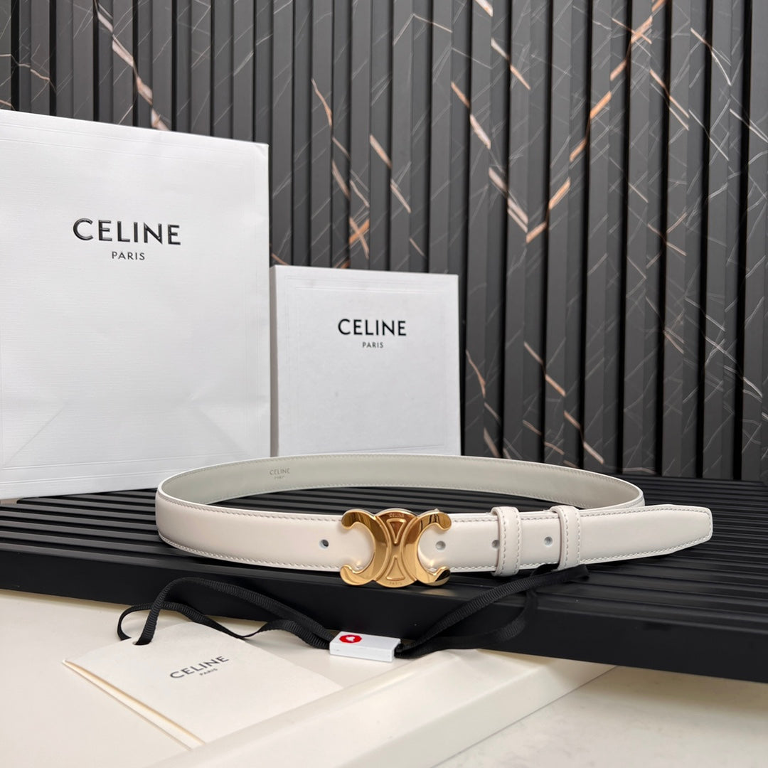 CELINE CL TRIOMPHE 25 MM BELT IN WHITE CALFSKIN GOLD HARDWARE