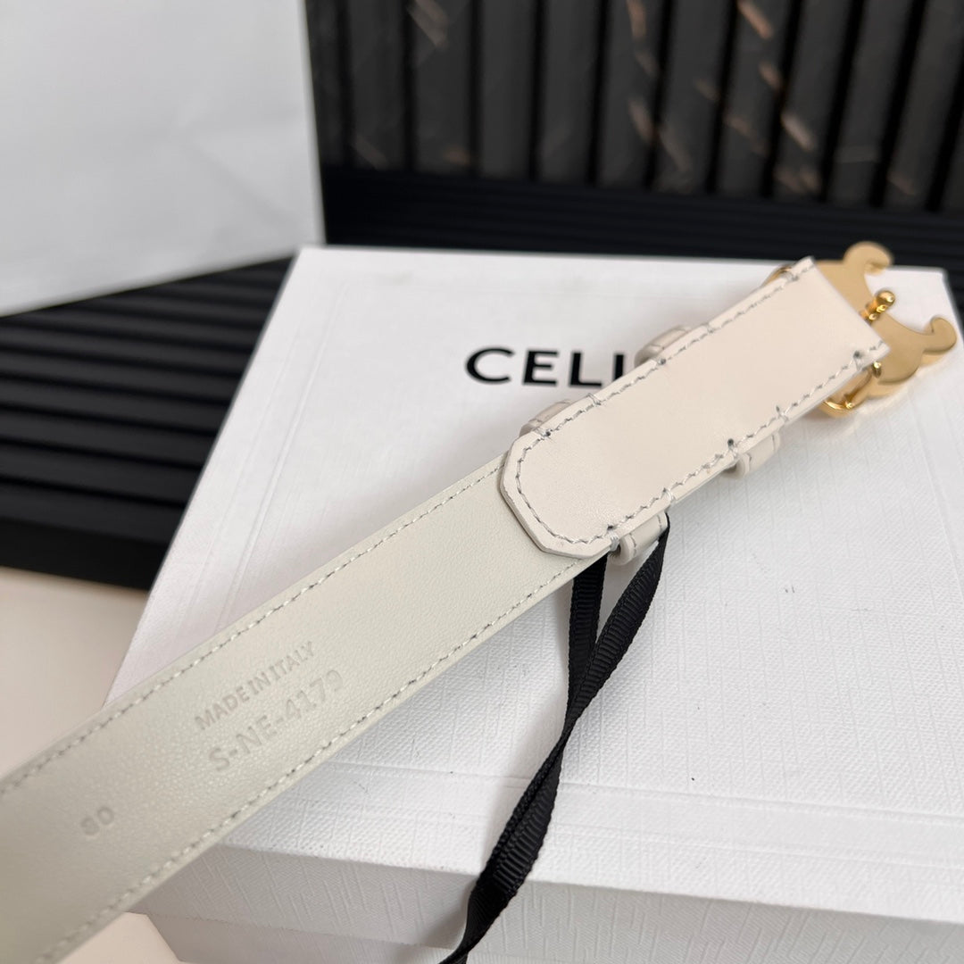 CELINE CL TRIOMPHE 25 MM BELT IN WHITE CALFSKIN GOLD HARDWARE