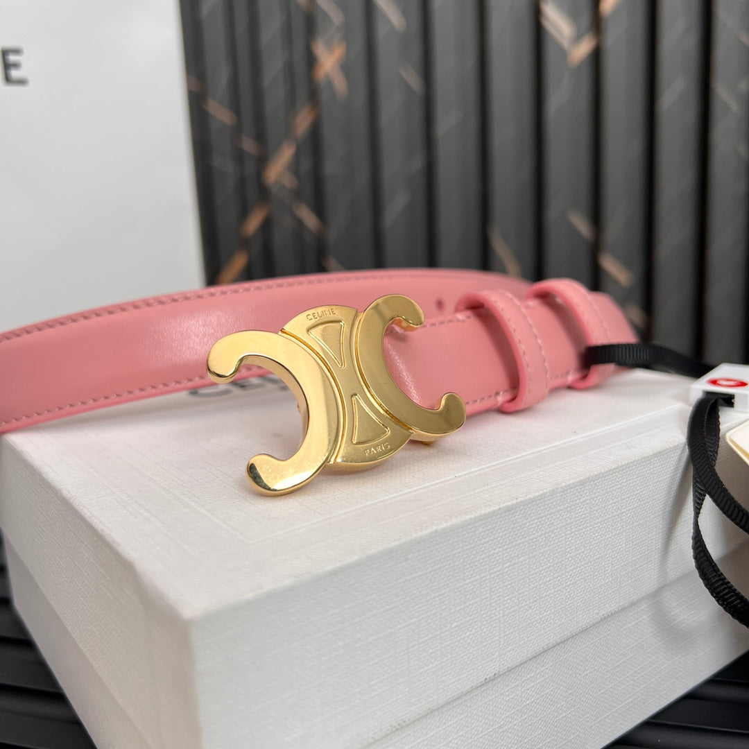CELINE CL TRIOMPHE 25 MM BELT IN BLUSH PINK CALFSKIN GOLD HARDWARE