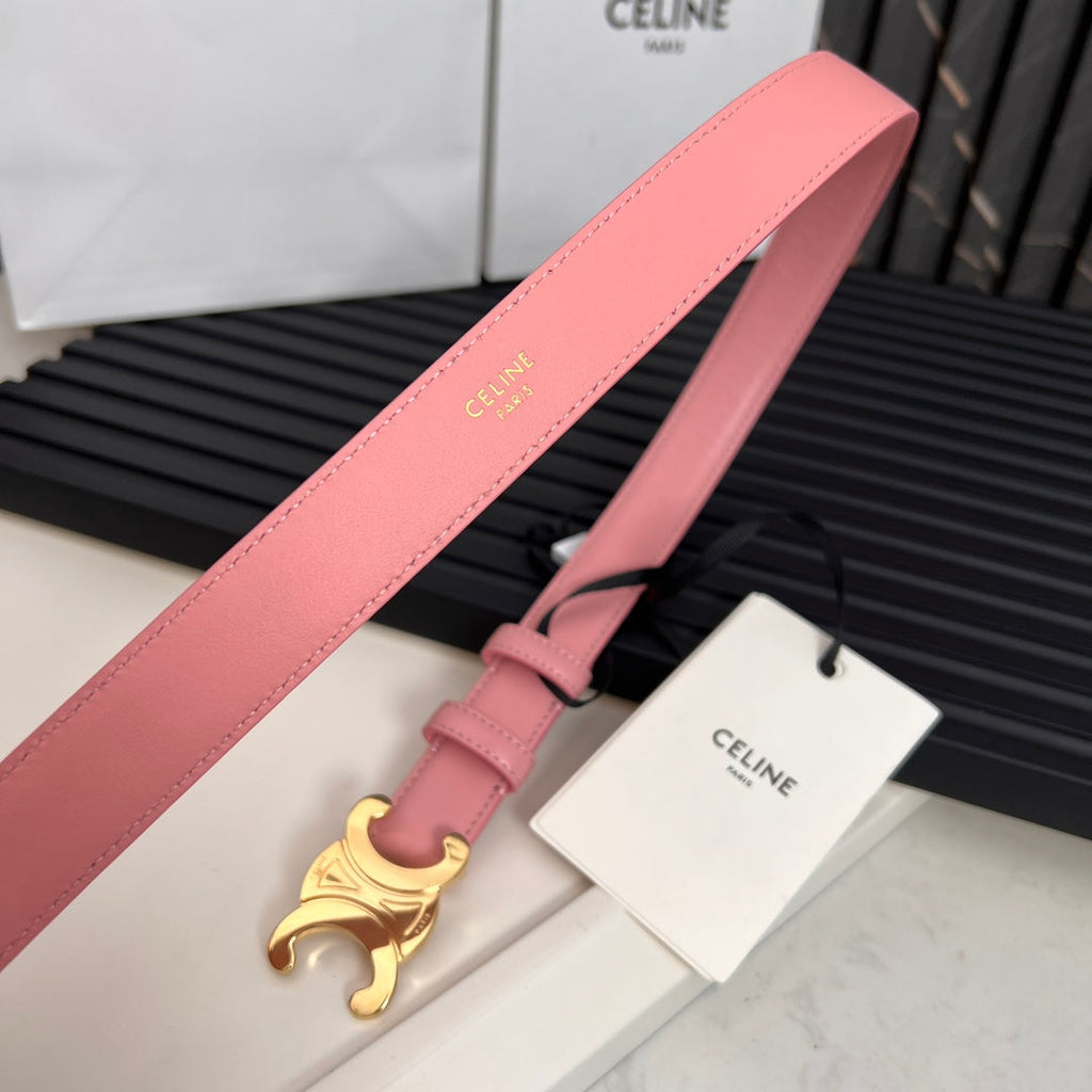 CELINE CL TRIOMPHE 25 MM BELT IN BLUSH PINK CALFSKIN GOLD HARDWARE