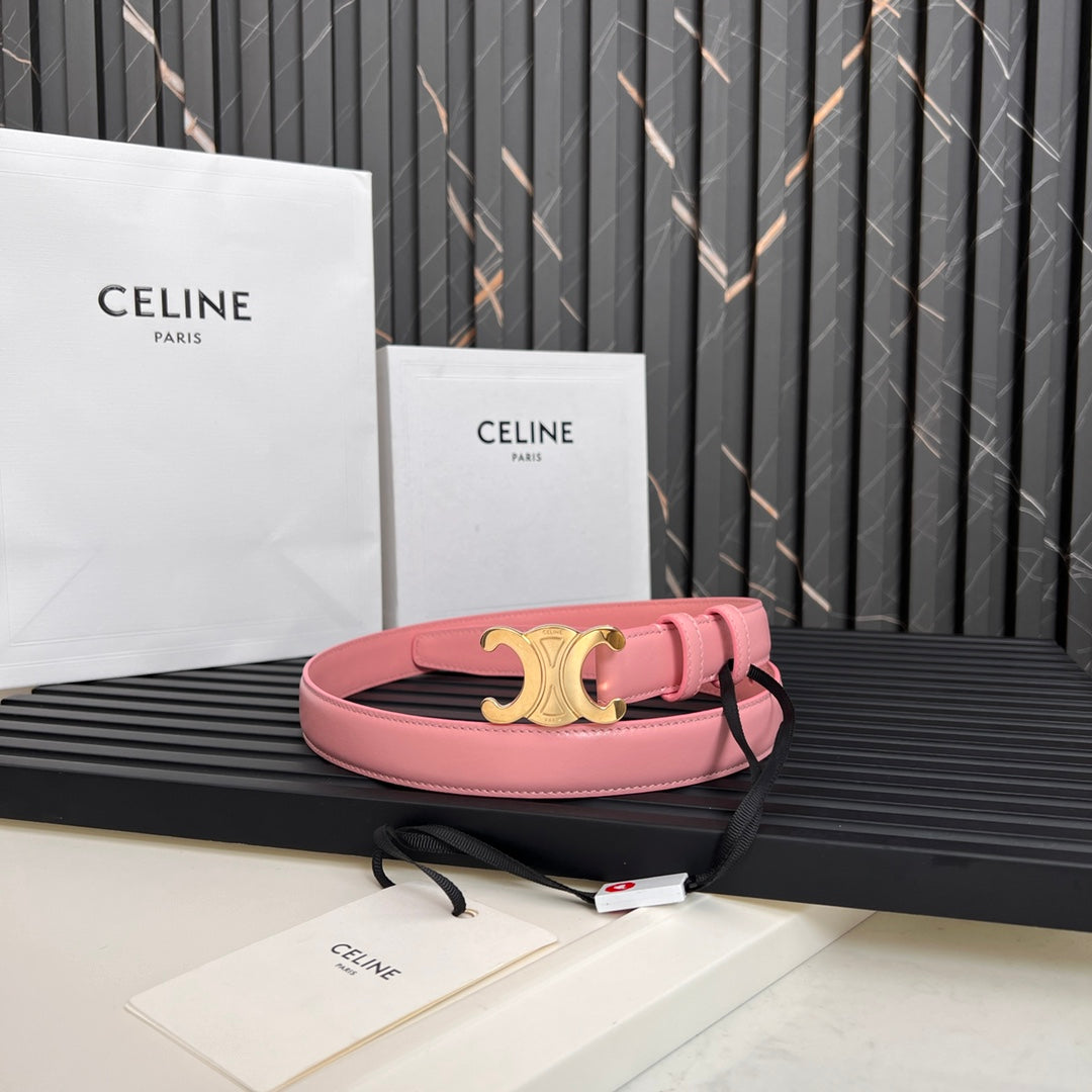 CELINE CL TRIOMPHE 25 MM BELT IN BLUSH PINK CALFSKIN GOLD HARDWARE