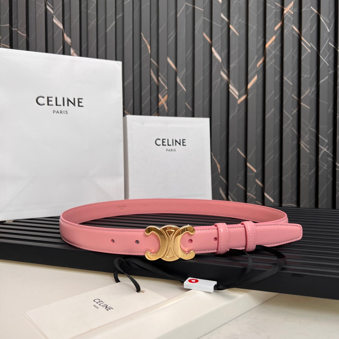 CELINE CL TRIOMPHE 25 MM BELT IN BLUSH PINK CALFSKIN GOLD HARDWARE