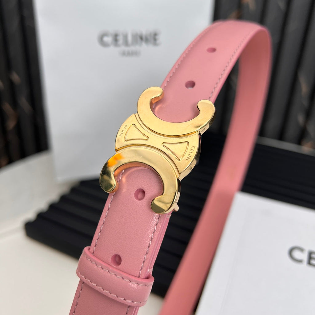 CELINE CL TRIOMPHE 25 MM BELT IN BLUSH PINK CALFSKIN GOLD HARDWARE