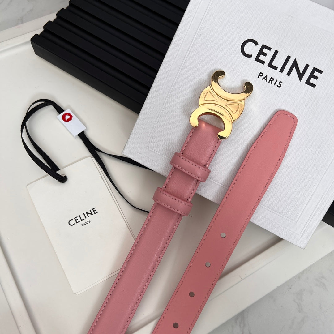 CELINE CL TRIOMPHE 25 MM BELT IN BLUSH PINK CALFSKIN GOLD HARDWARE