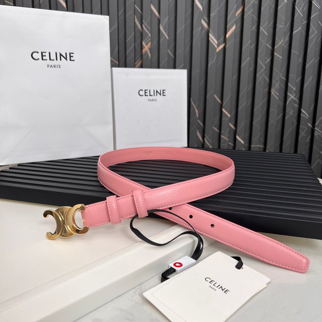 CELINE CL TRIOMPHE 25 MM BELT IN BLUSH PINK CALFSKIN GOLD HARDWARE