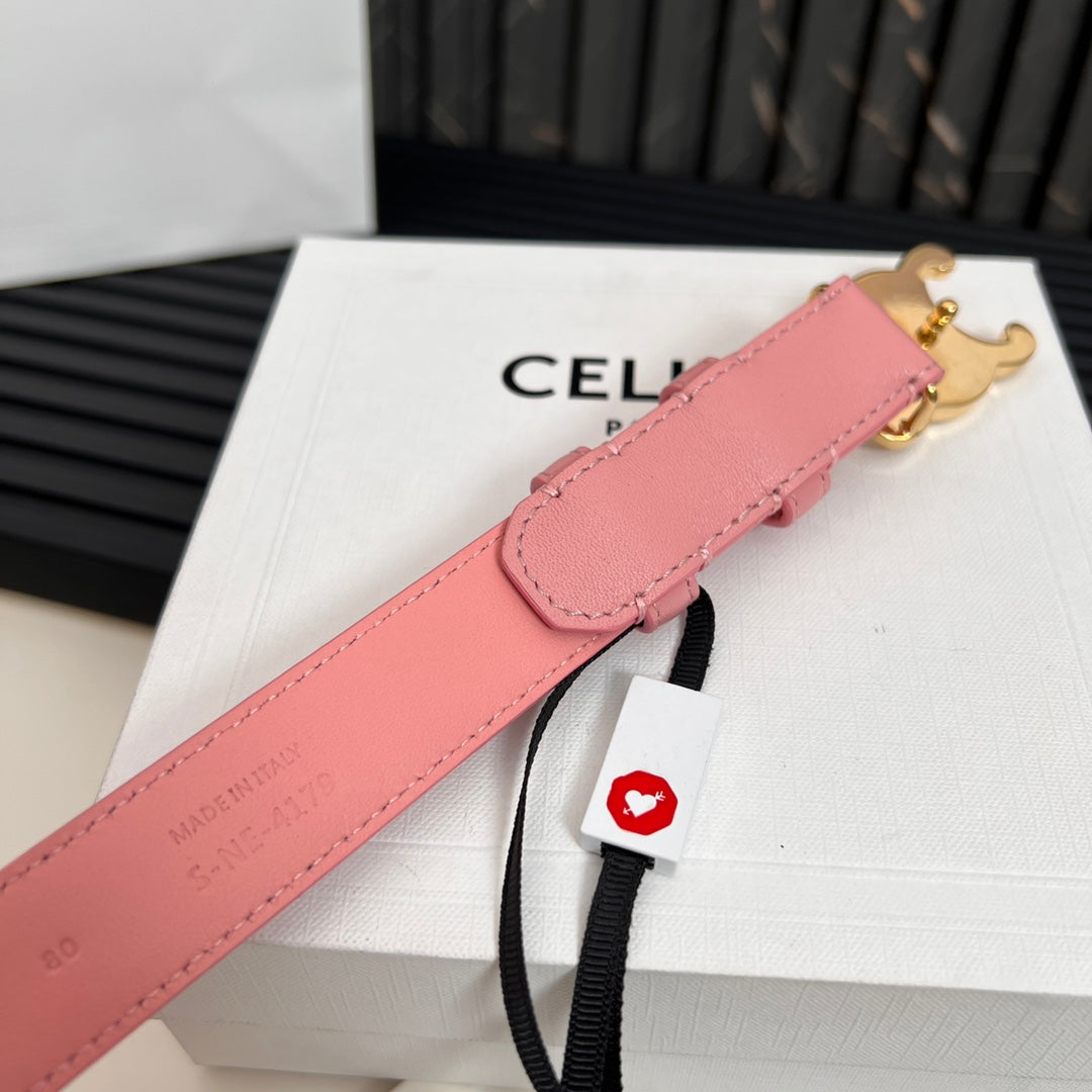 CELINE CL TRIOMPHE 25 MM BELT IN BLUSH PINK CALFSKIN GOLD HARDWARE