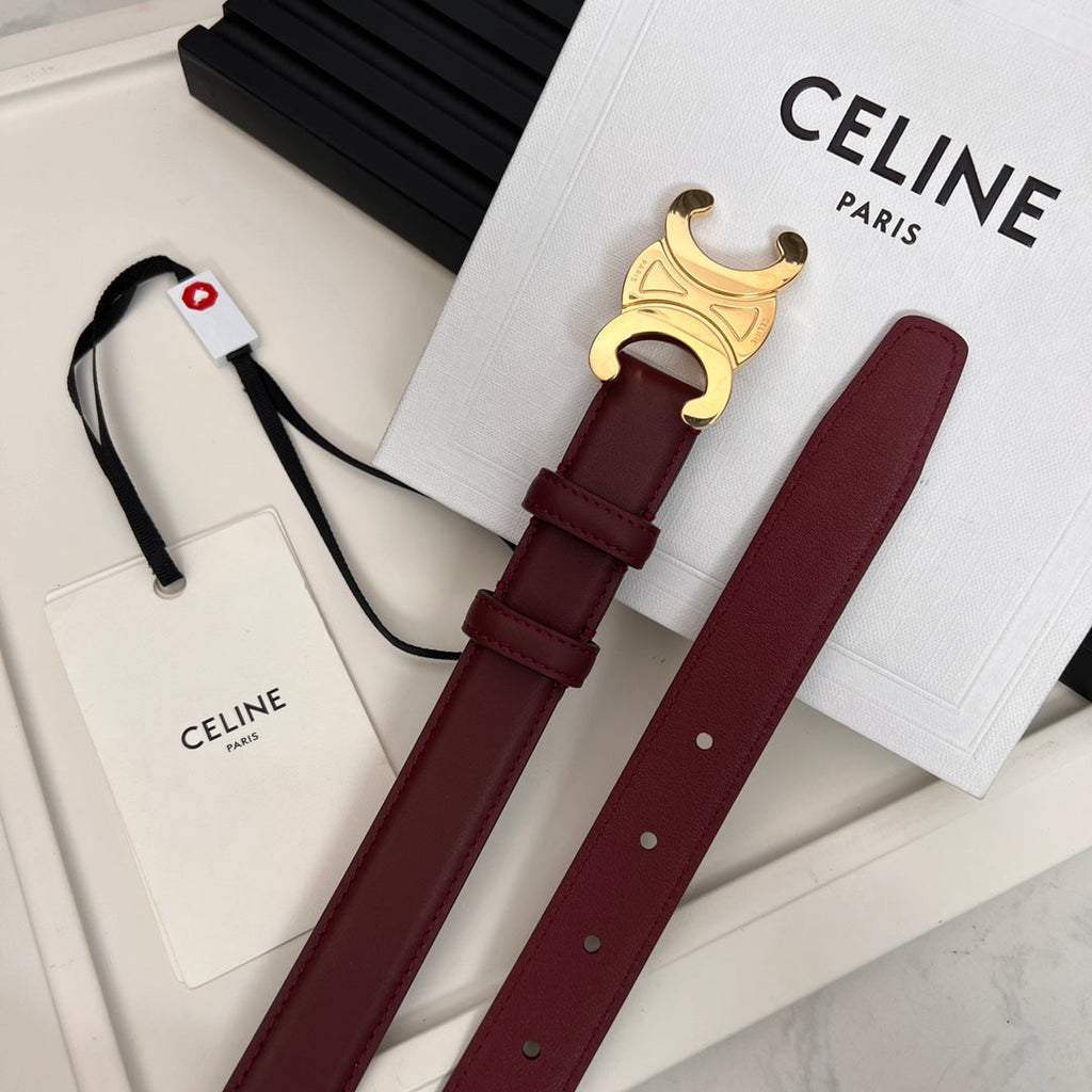 CELINE CL TRIOMPHE 25 MM BELT IN CURRANT RED CALFSKIN GOLD HARDWARE