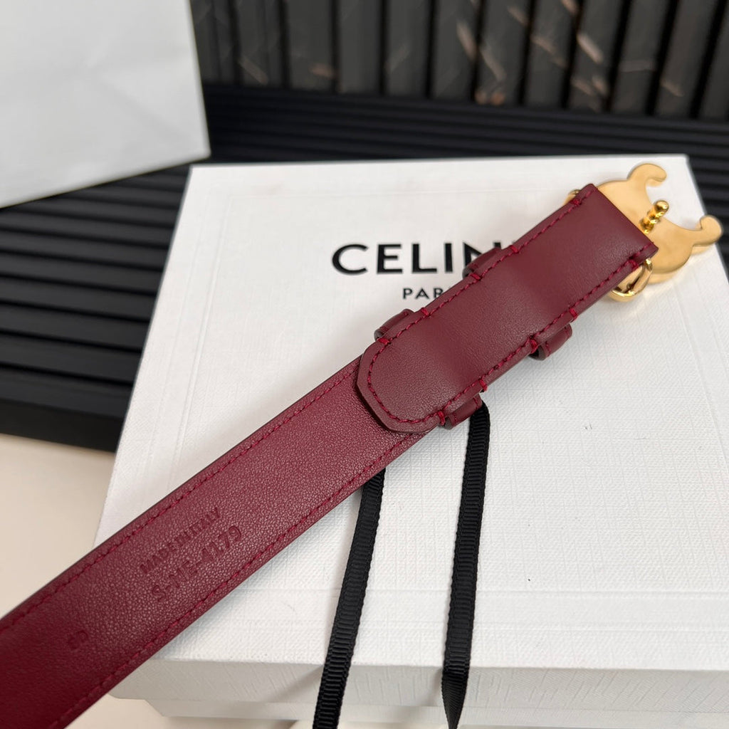CELINE CL TRIOMPHE 25 MM BELT IN CURRANT RED CALFSKIN GOLD HARDWARE