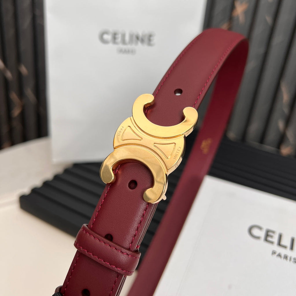 CELINE CL TRIOMPHE 25 MM BELT IN CURRANT RED CALFSKIN GOLD HARDWARE